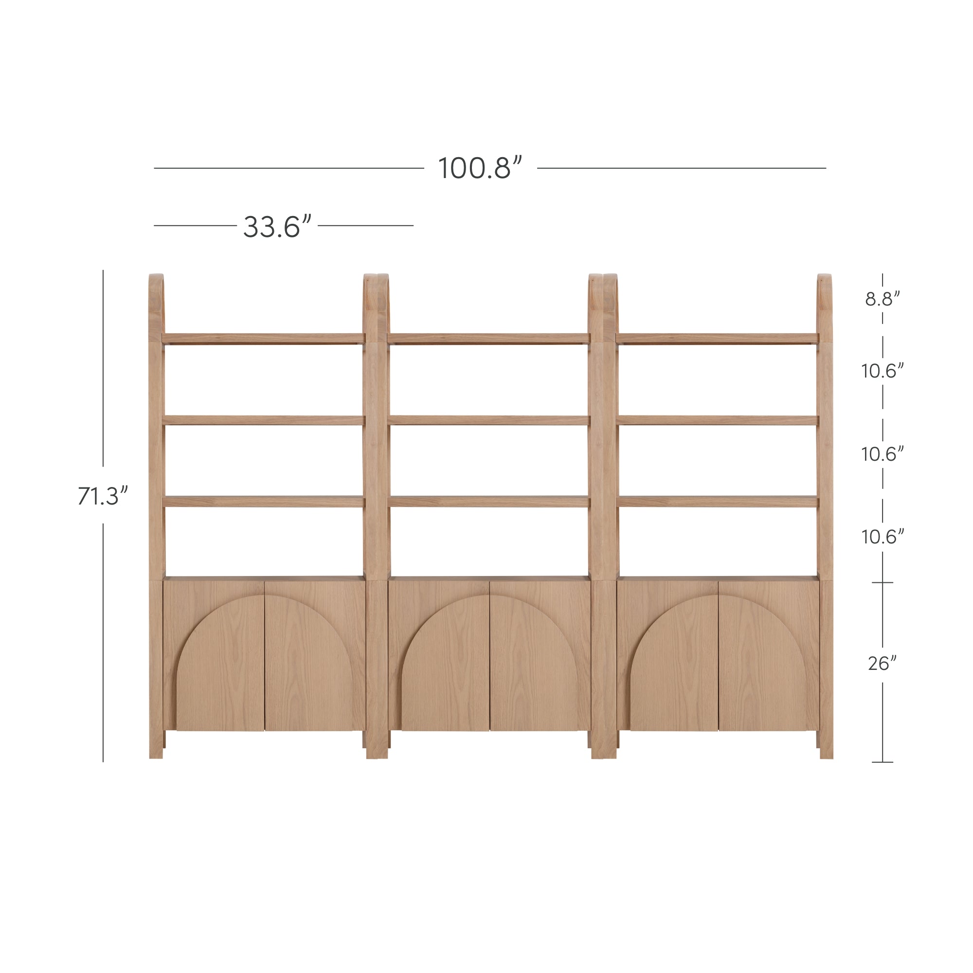Light wood shelving unit with three sections, each featuring three open shelves and a closed bottom section with an arched design. Dimensions: 100.8 wide, 71.3 tall, 33.6 per section, shelf heights noted.