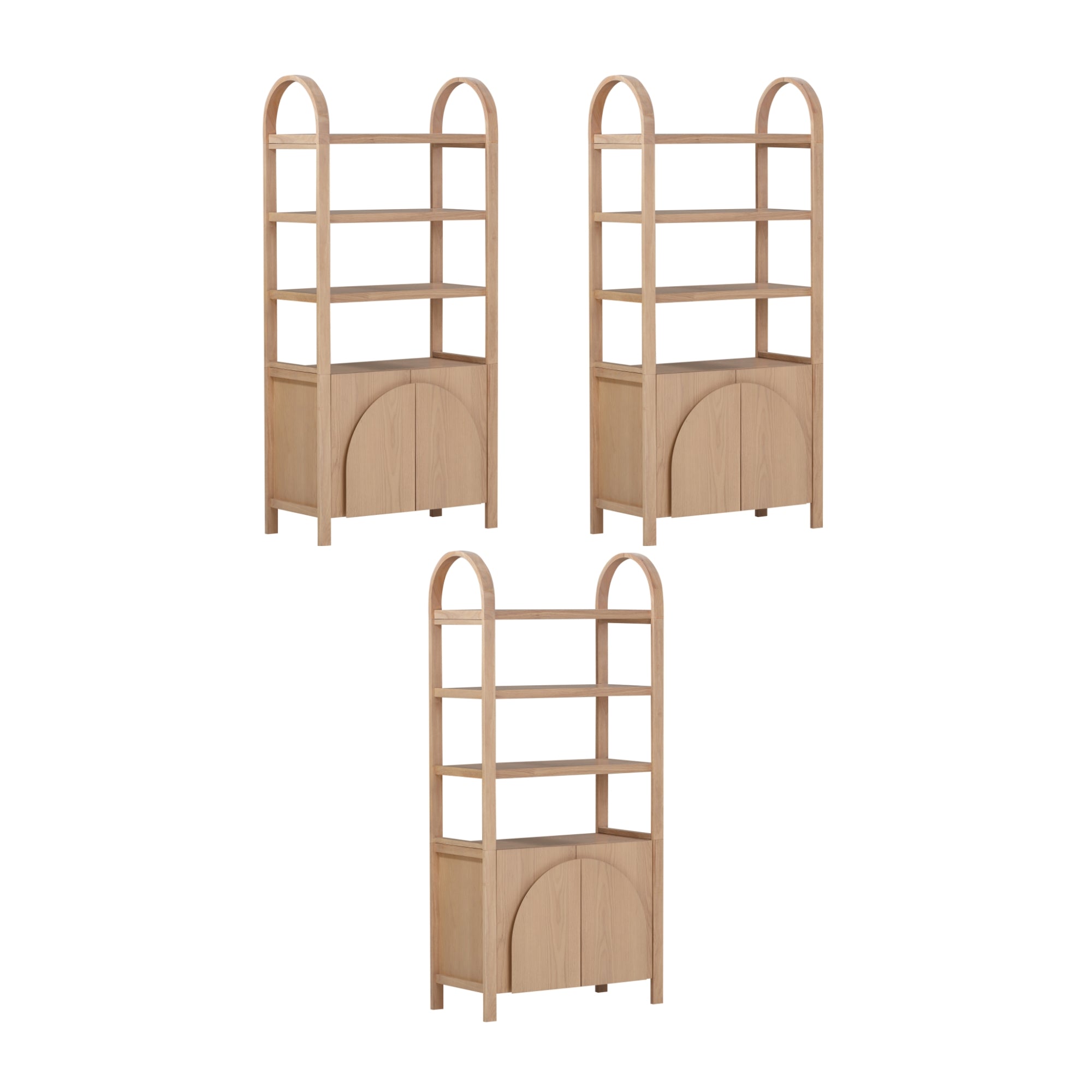 Three light wood bookshelves with arched tops, open shelves, and a closed cabinet at the bottom, shown from slightly different angles against a white background.