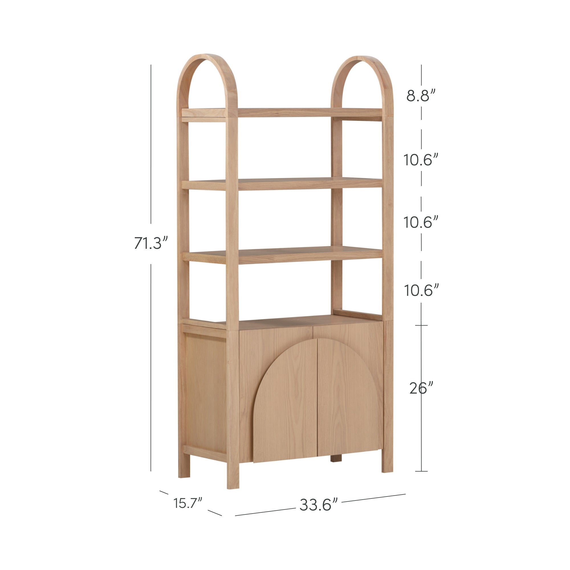 Light wood bookshelf with arched top, three open shelves, and a cabinet with arched doors. Dimensions: 71.3 tall, 33.6 wide, 15.7 deep. Shelf heights: 8.8, 10.6, 10.6. Cabinet height: 26.