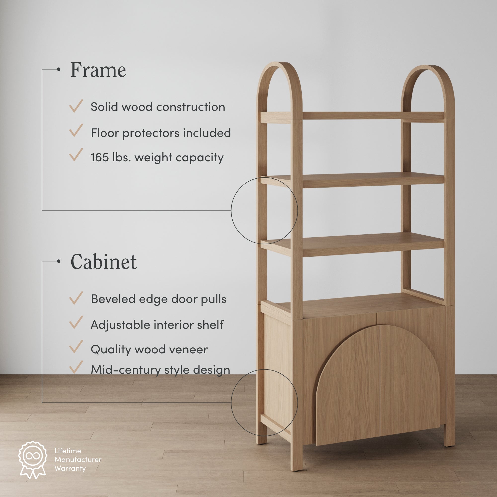 A wooden shelving unit with three open shelves and a two-door cabinet at the bottom. Text highlights features like solid wood construction, floor protectors, 165 lbs weight capacity, and mid-century style design.