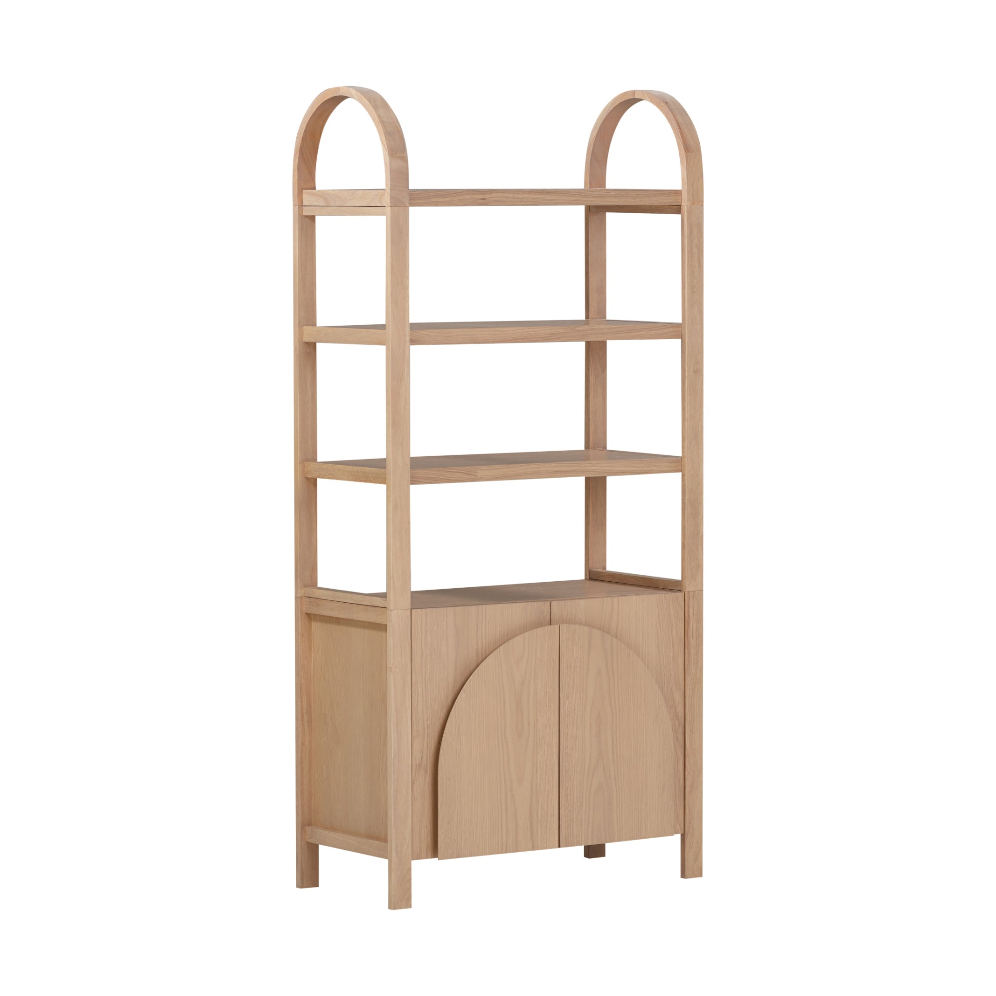 Light wood bookshelf with four open shelves and a closed cabinet at the bottom. The design features rounded arches at the top and an arch detail on the cabinet doors. The overall look is modern and minimalist.