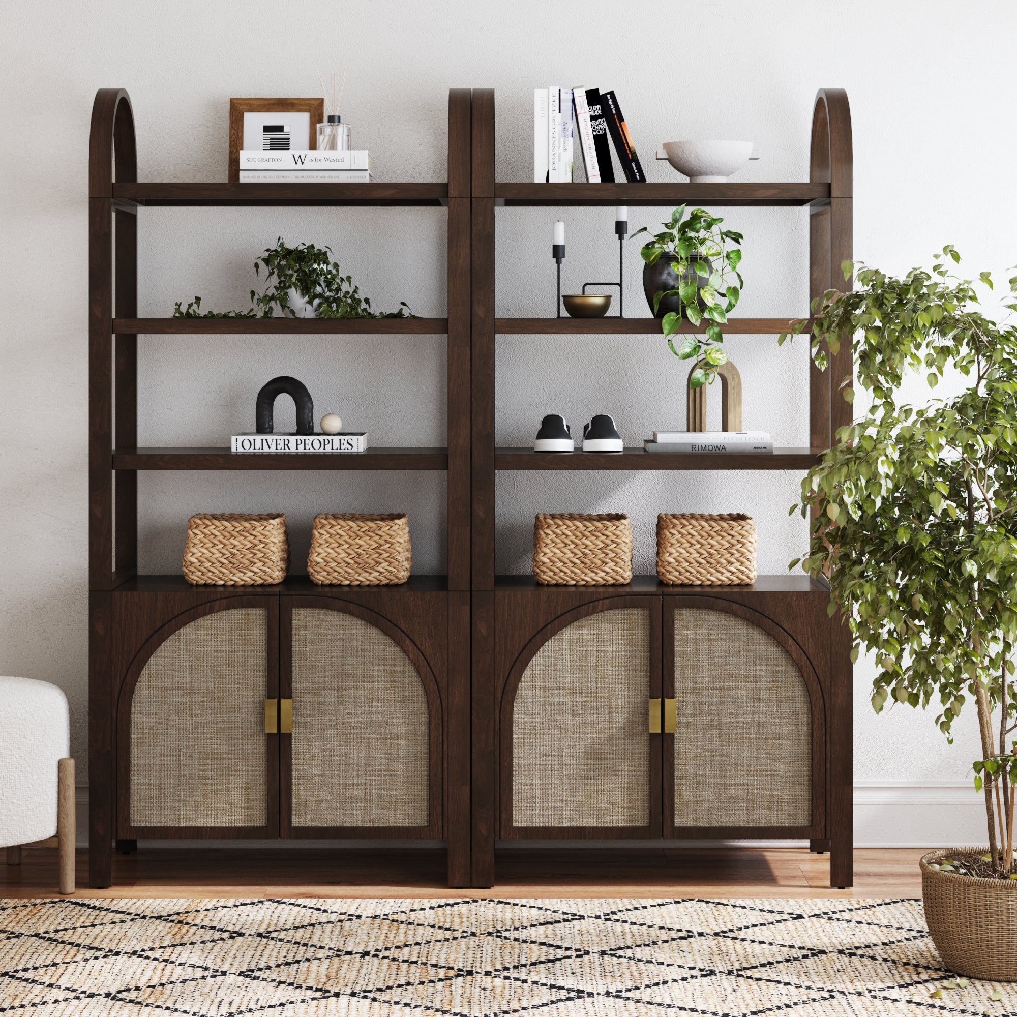 Paxton Boho Bookshelf Cabinet, Solid Wood Frame Rattan Bookshelf with Cabinet Base, Arched Bookcase Cabinet