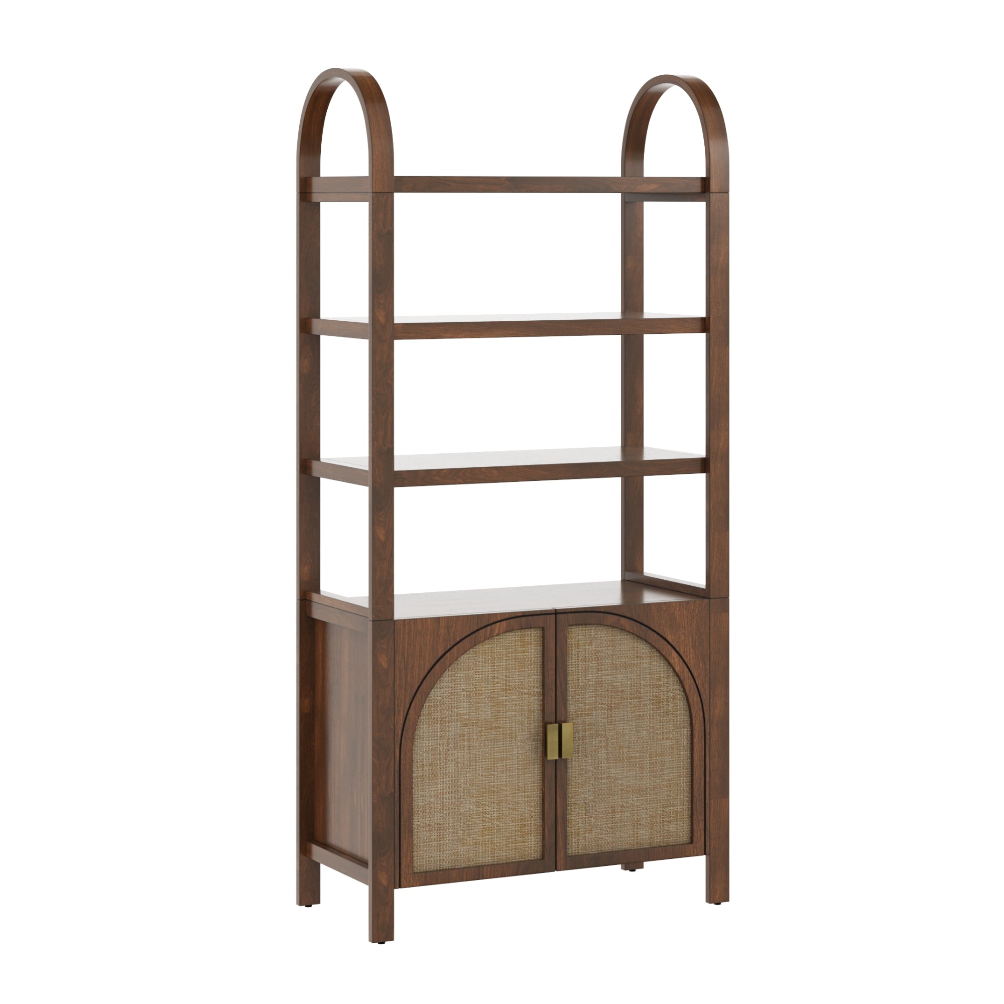 A wooden shelving unit with three open shelves and a lower cabinet featuring two arched doors with woven panels and brass handles. The unit has rounded, arch-shaped top supports and a dark brown finish.