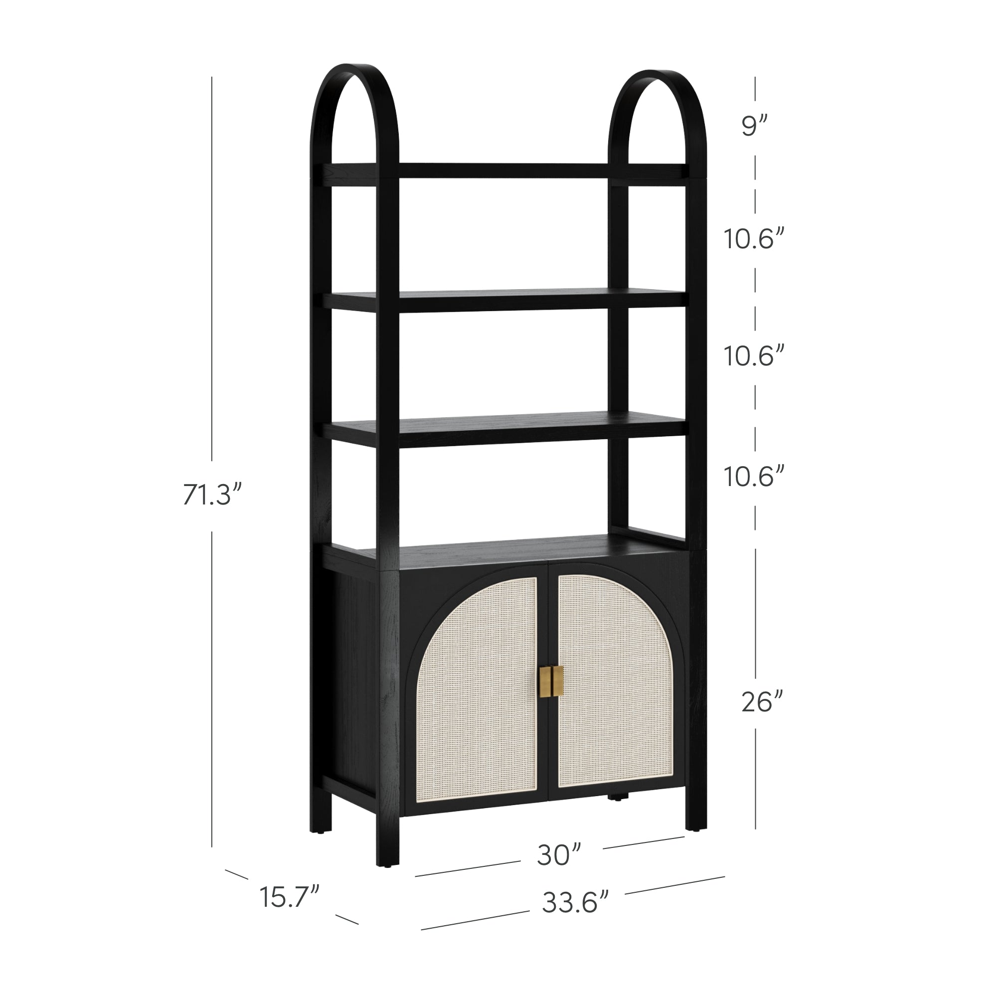 A black bookshelf with arched sides, three open shelves, and a lower cabinet with beige doors and gold handles. Dimensions are marked: 71.3 tall, 33.6 wide, 15.7 deep, with shelf and cabinet heights listed.