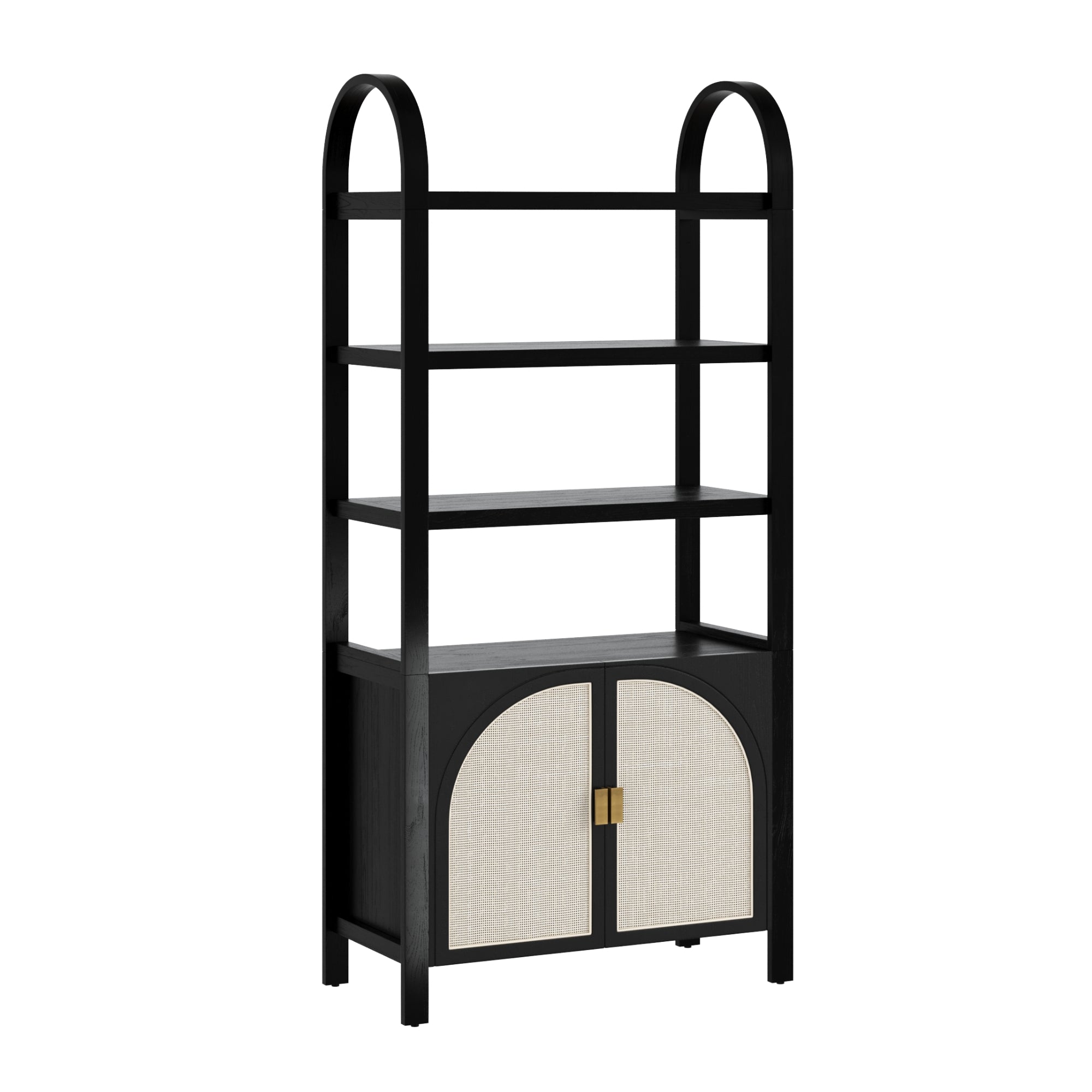 A black shelving unit with three open shelves on top and a two-door cabinet with light-colored, arched panel doors and gold handles at the bottom. The frame features rounded, arch-shaped tops.