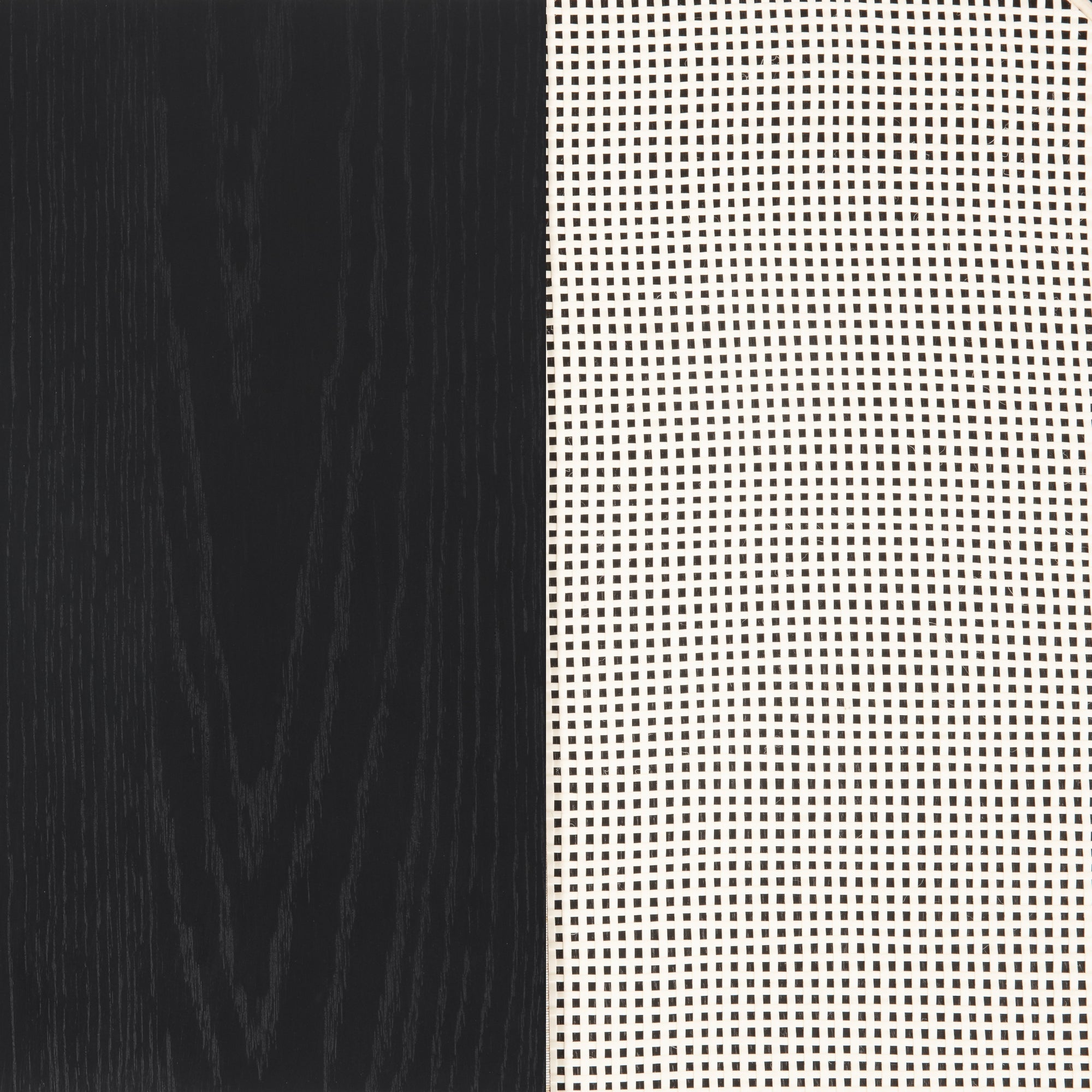 A split image with the left side showing black wood grain texture and the right side displaying a pattern of small black squares on a white background, forming a wavy, optical illusion effect.