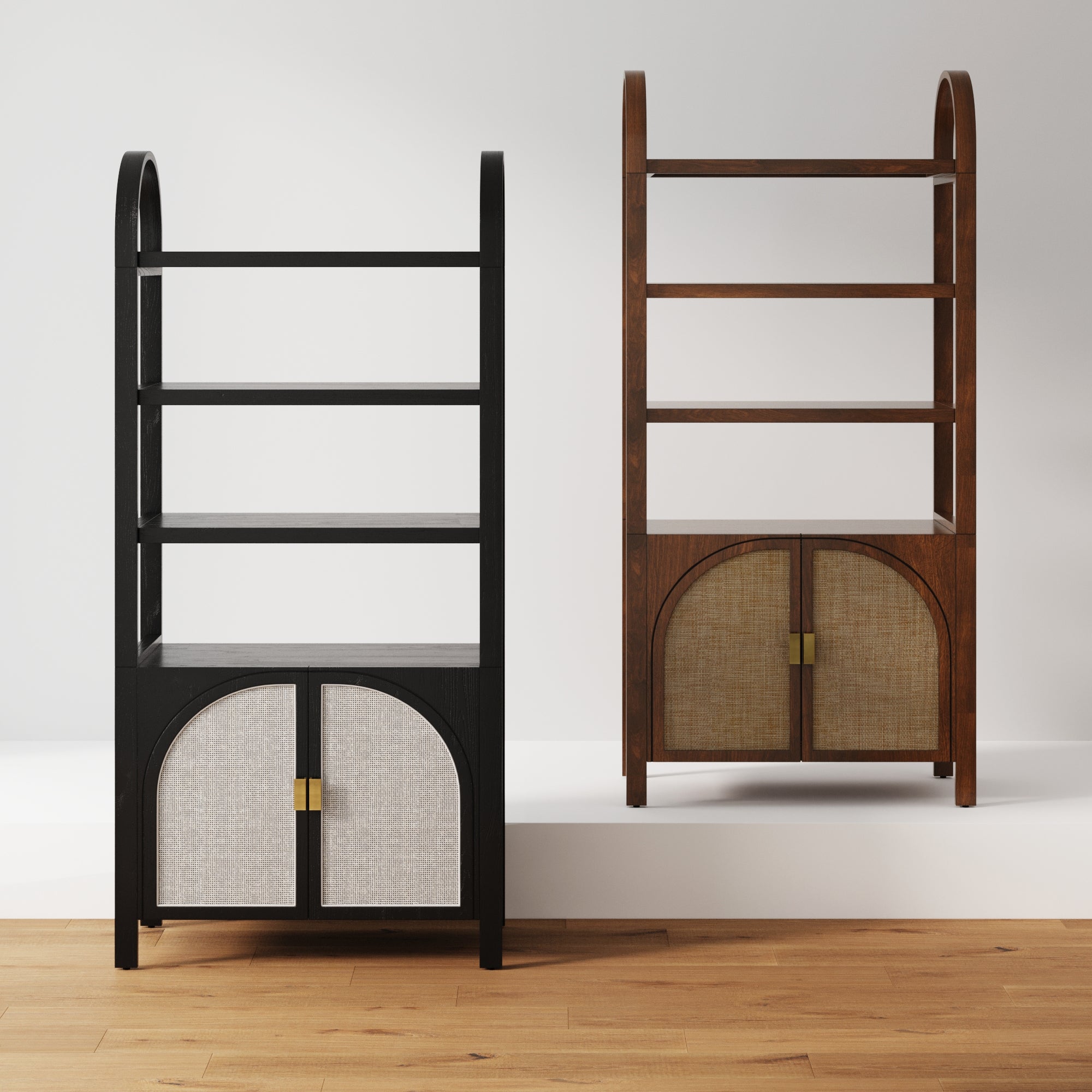 Two tall shelving units with arched tops stand side by side; one is black with light fabric cabinet doors, the other is brown wood with woven-style cabinet doors. Both have three open shelves above the cabinet.