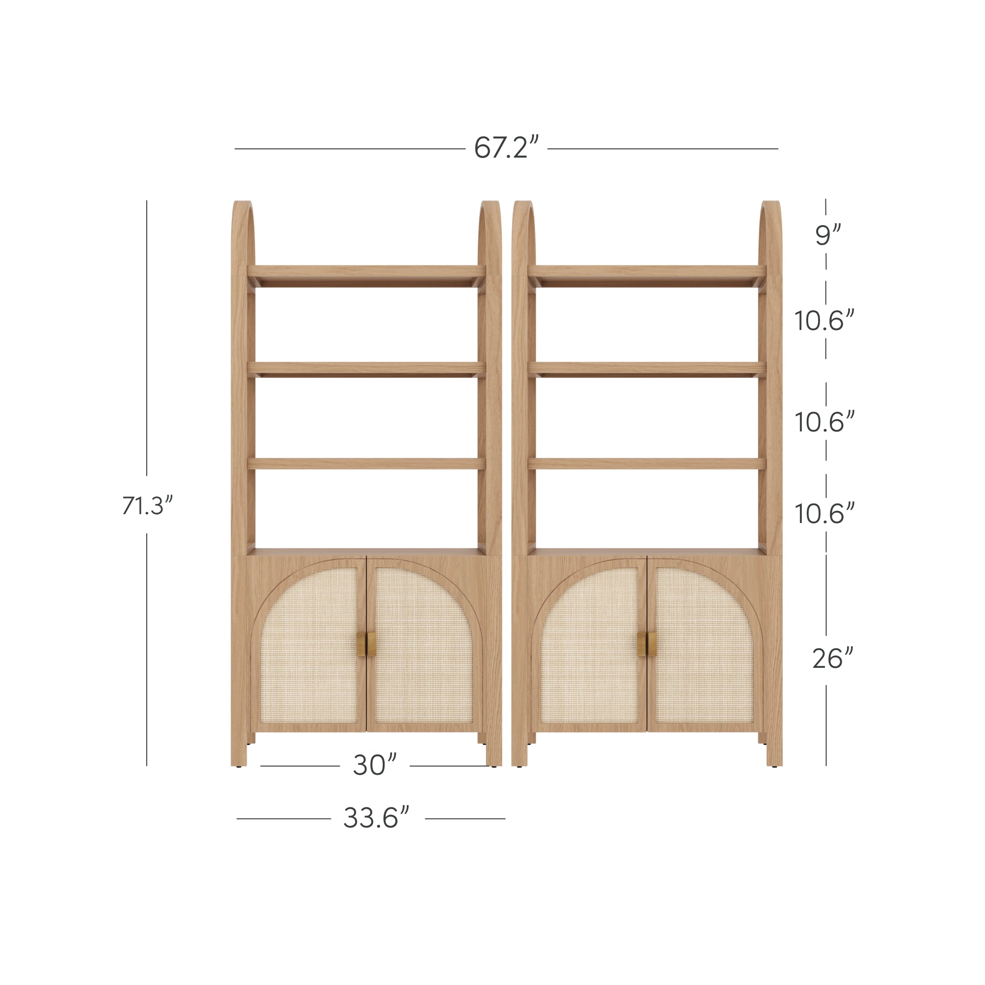 A double wooden shelving unit with four open shelves and two lower cabinets. Dimensions are labeled: full width 67.2, height 71.3, cabinet width 30, shelves 10.6 tall, top shelf 9 tall, and cabinet height 26.