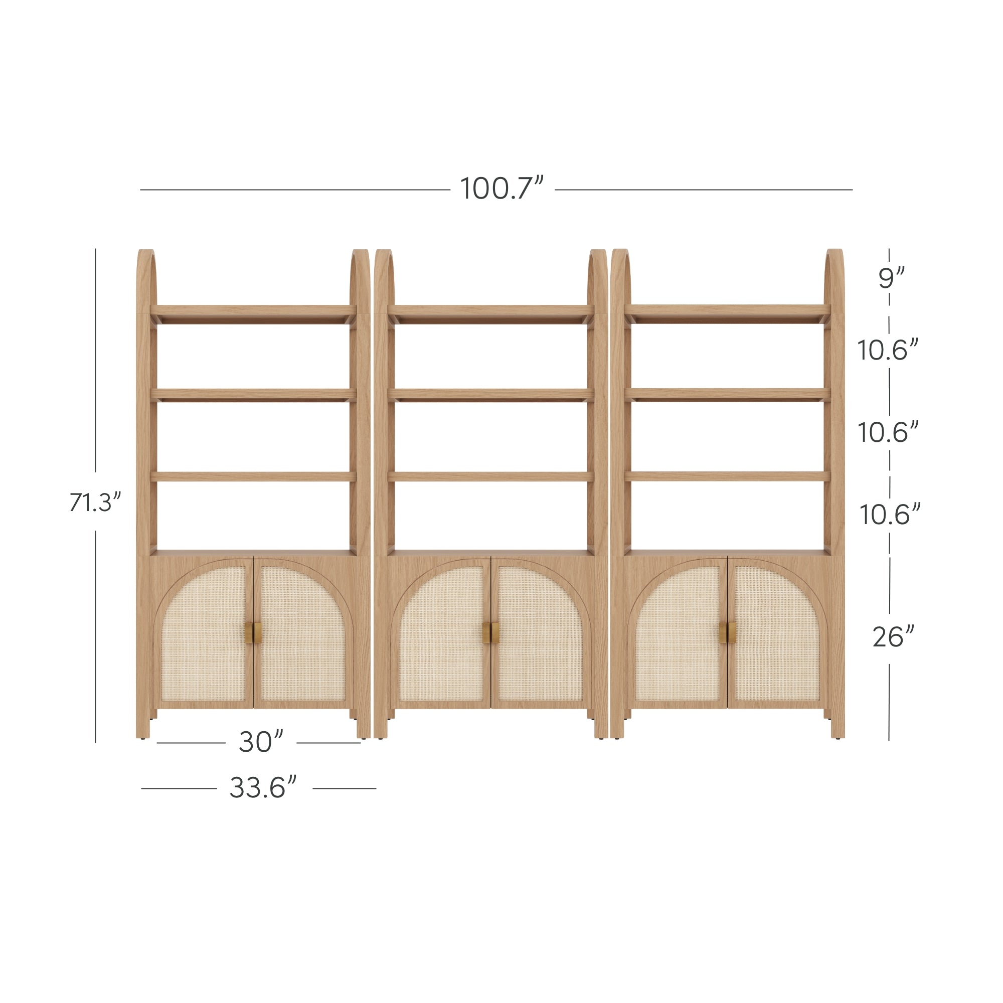 Three connected wooden bookcases with arched tops, four open shelves each, and double-door cabinets at the bottom. Total width is 100.7, height is 71.3. Shelf heights and individual section widths are labeled.