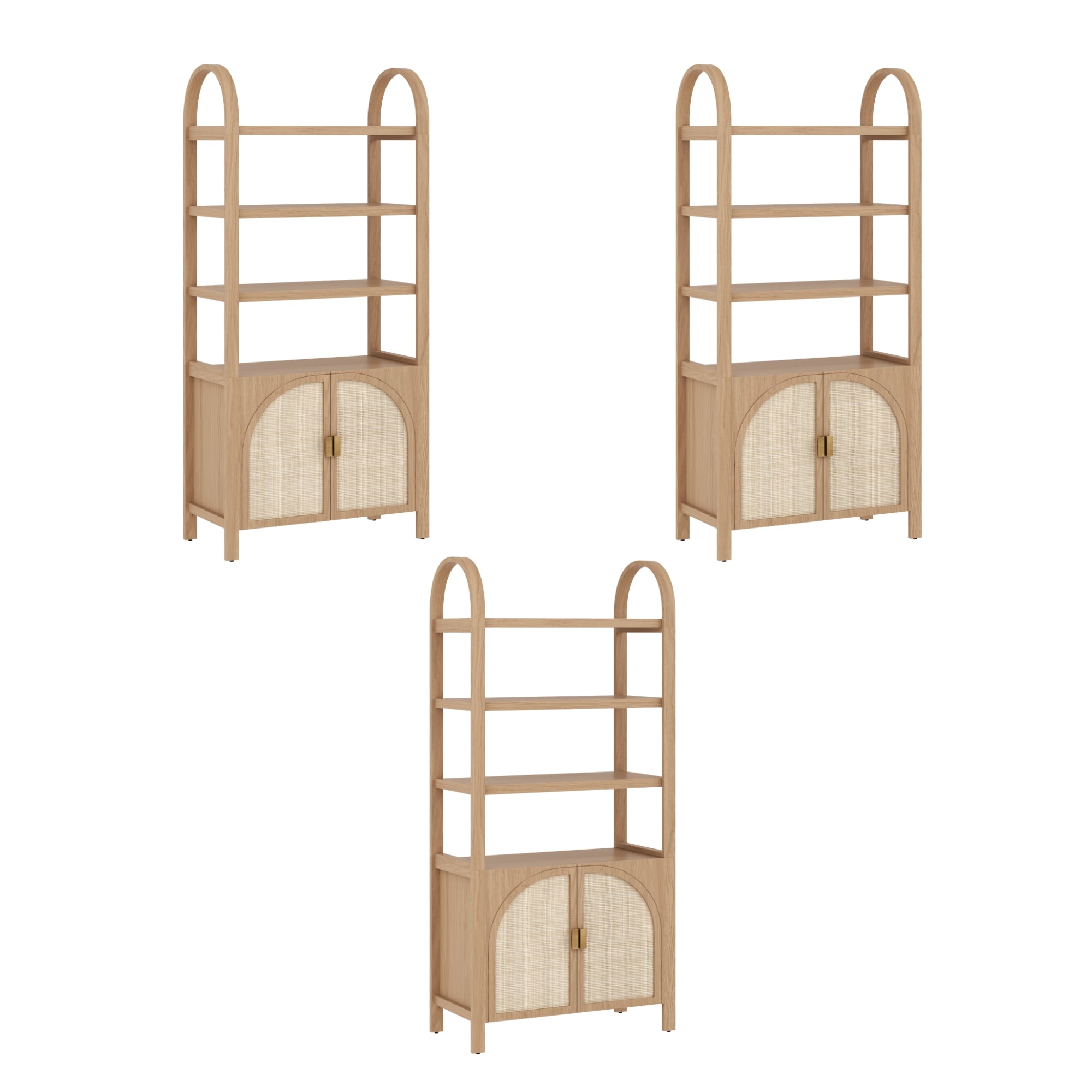 Three identical wooden shelving units with arched tops, three open shelves, and a cabinet with woven rattan doors at the bottom, arranged in a triangular layout on a white background.
