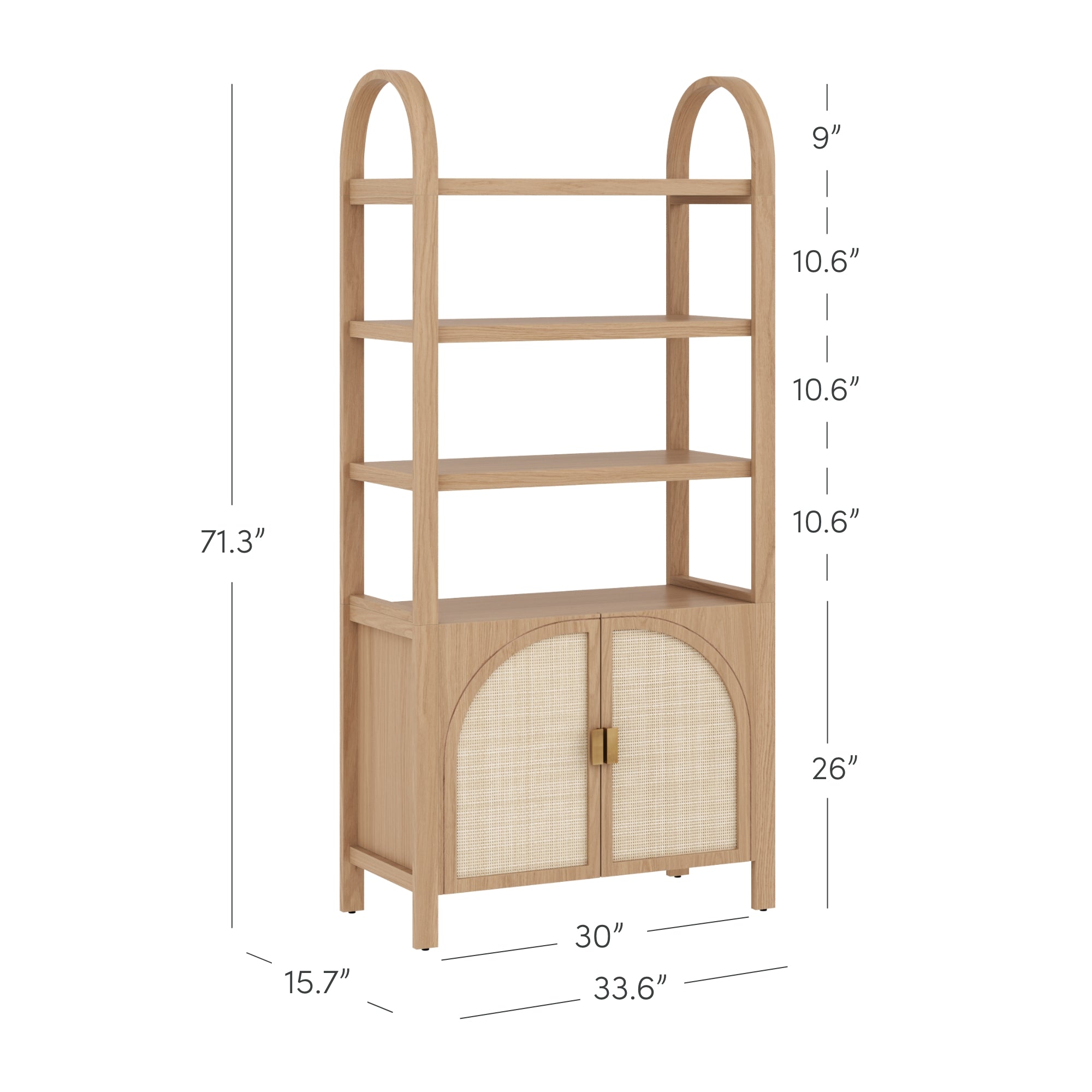 A light wood shelving unit with arched sides, three open shelves, and a double-door cabinet at the bottom. Dimensions shown are 71.3 tall, 33.6 wide, and 15.7 deep. Shelf heights are labeled.