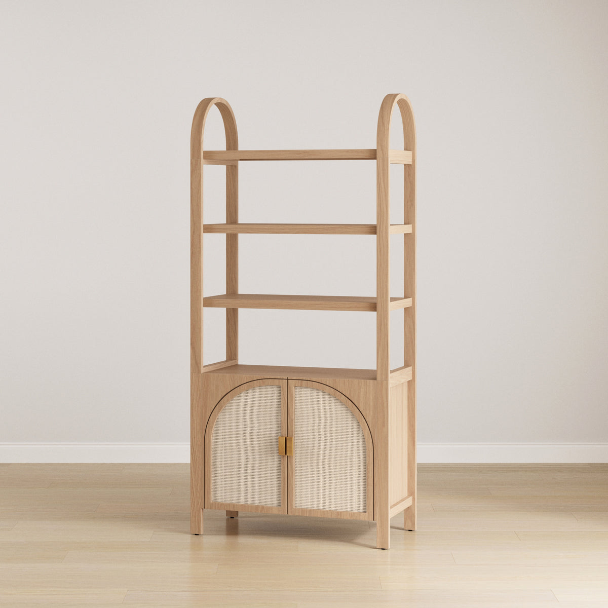 Arched Door Rattan Bookshelf with Doors Raw Oak