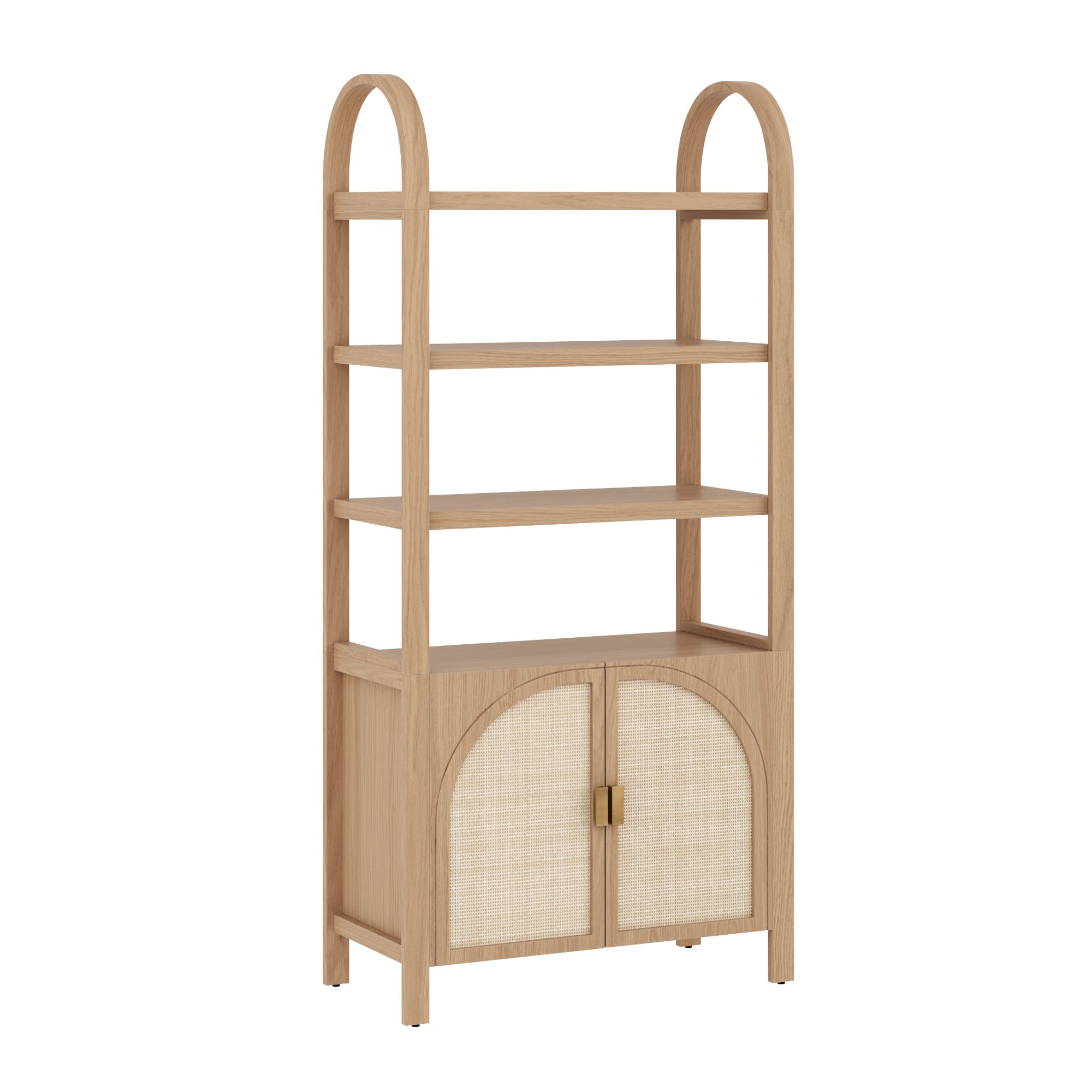 A light wood bookshelf with three open shelves and a lower cabinet featuring two arched doors with woven panels and a brass handle, set against a white background.