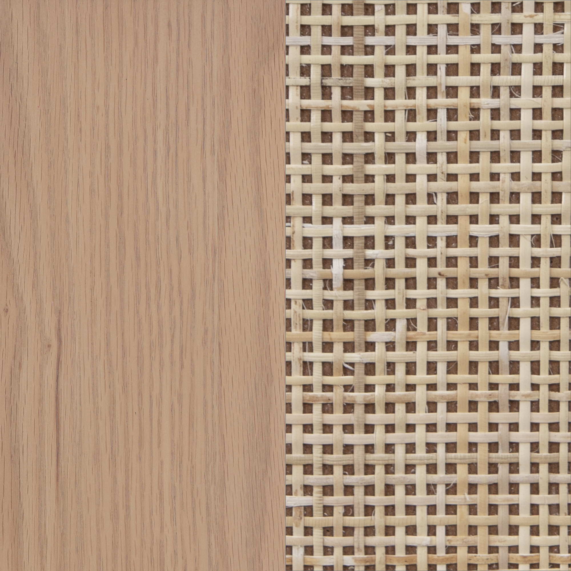Close-up of two side-by-side surfaces: on the left, smooth light wood with visible grain; on the right, woven rattan in a crisscross pattern, creating a textured, grid-like appearance.