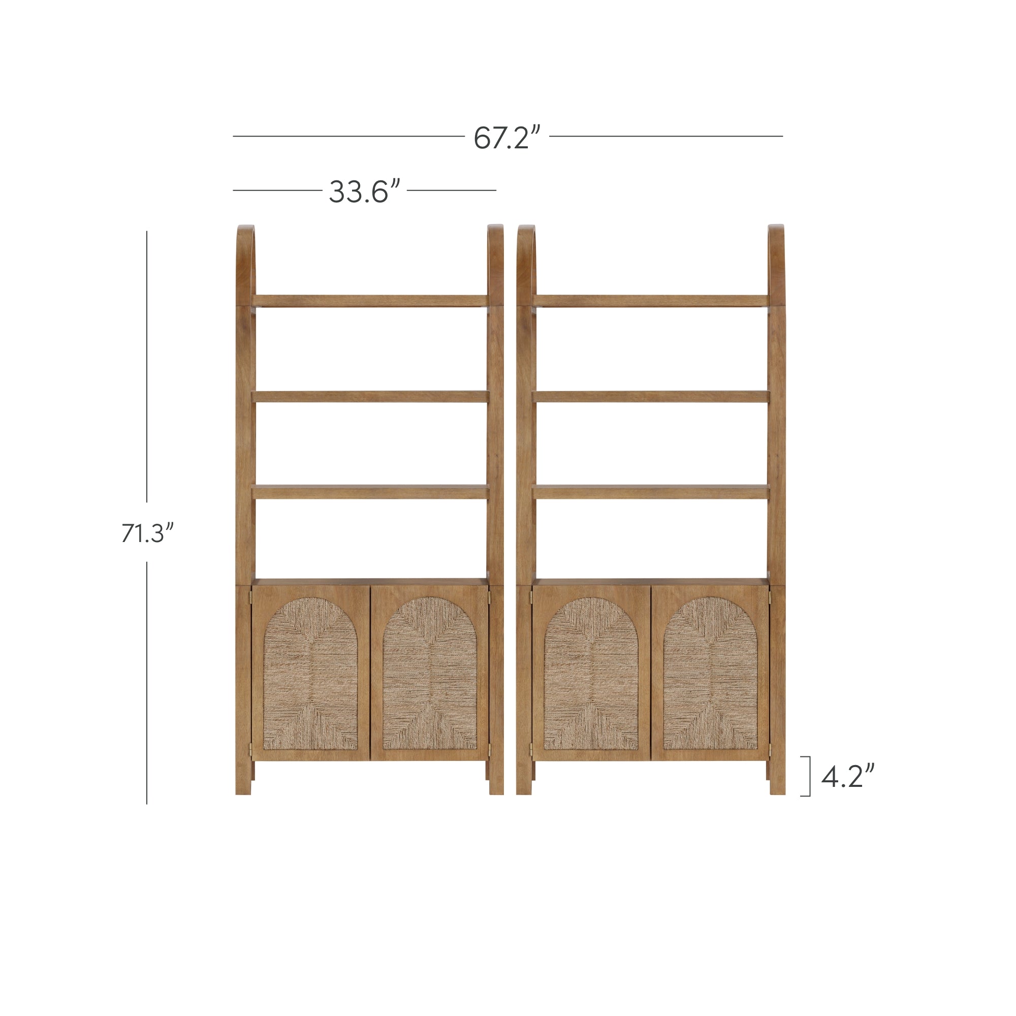 A pair of wooden bookshelves with three open shelves each and two woven cabinet doors at the bottom, side by side. Dimensions: 71.3 tall, 67.2 wide together, 33.6 wide each, bottom cabinet height 4.2.