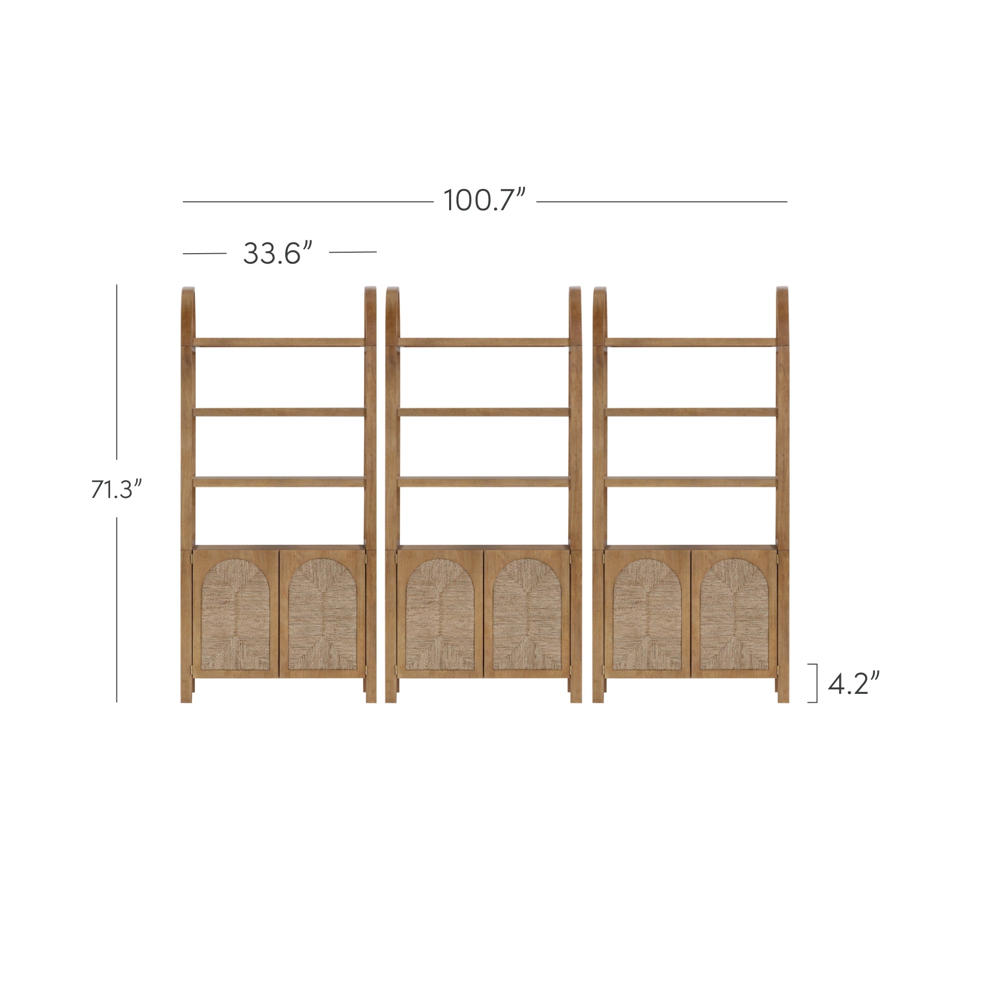 A three-section wooden bookshelf with woven cabinet doors on the bottom row, measuring 100.7 inches wide, 71.3 inches high, and 4.2 inches deep. Each section is 33.6 inches wide.