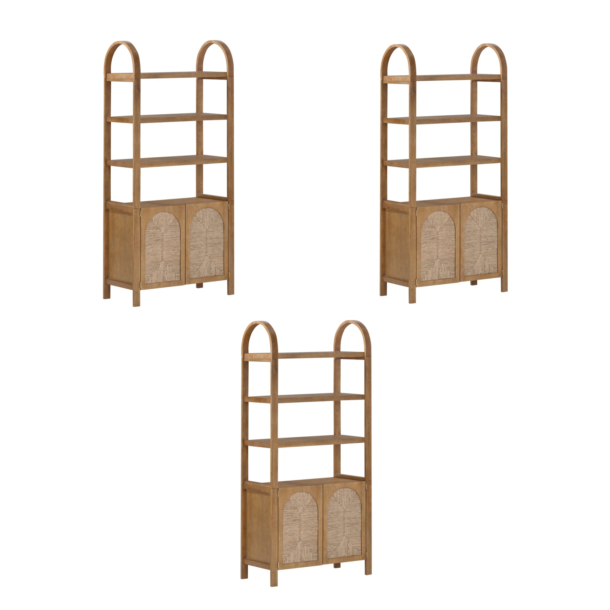 Three identical wooden shelving units with arched tops, open shelves, and two cabinet doors at the bottom, arranged in a triangular pattern on a white background.