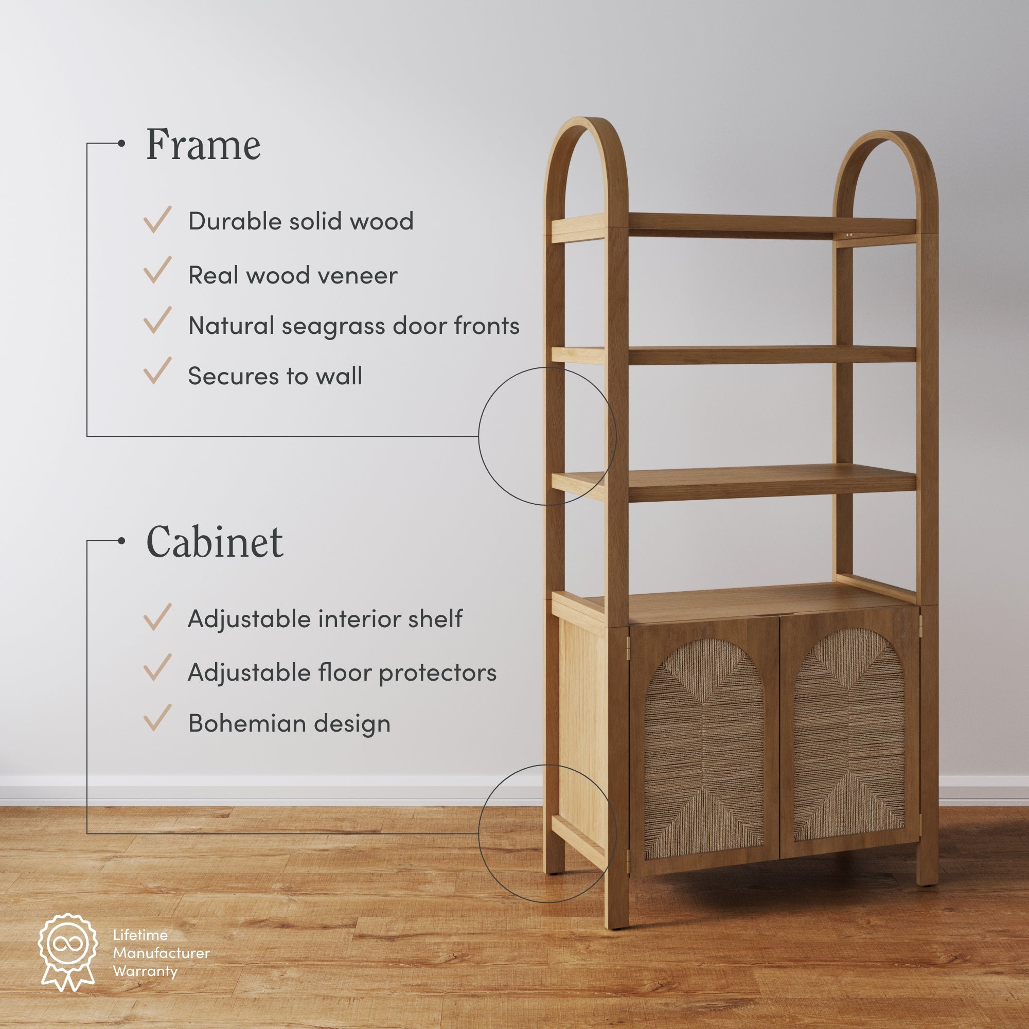 A wooden bookshelf with curved frame, open shelves, and a cabinet with seagrass door fronts is displayed. Text highlights features like durable solid wood, adjustable shelves, and bohemian design.