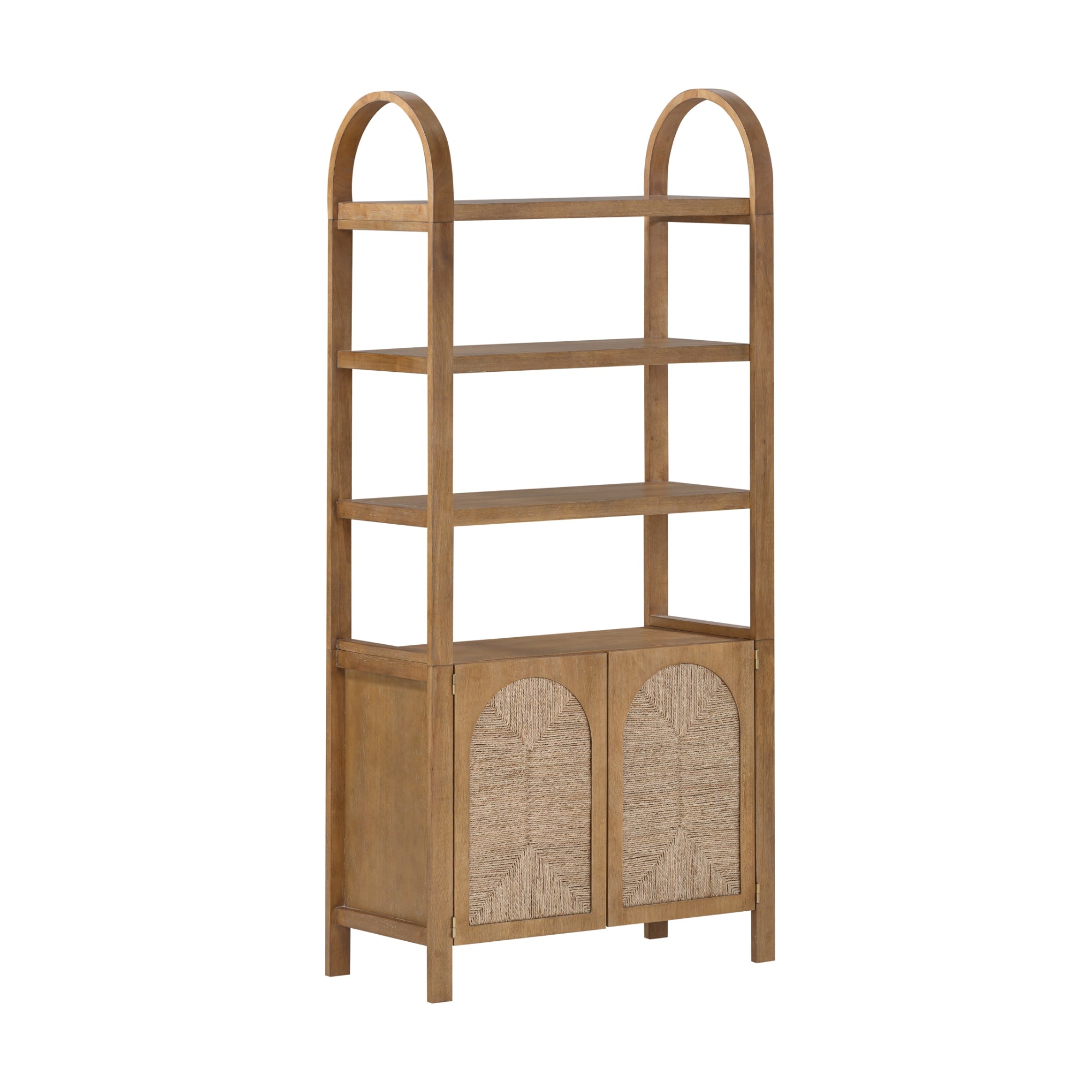 A tall wooden bookshelf with four open shelves and a lower cabinet featuring two doors with arch designs. The bookshelf has rounded arch details at the top of each side.