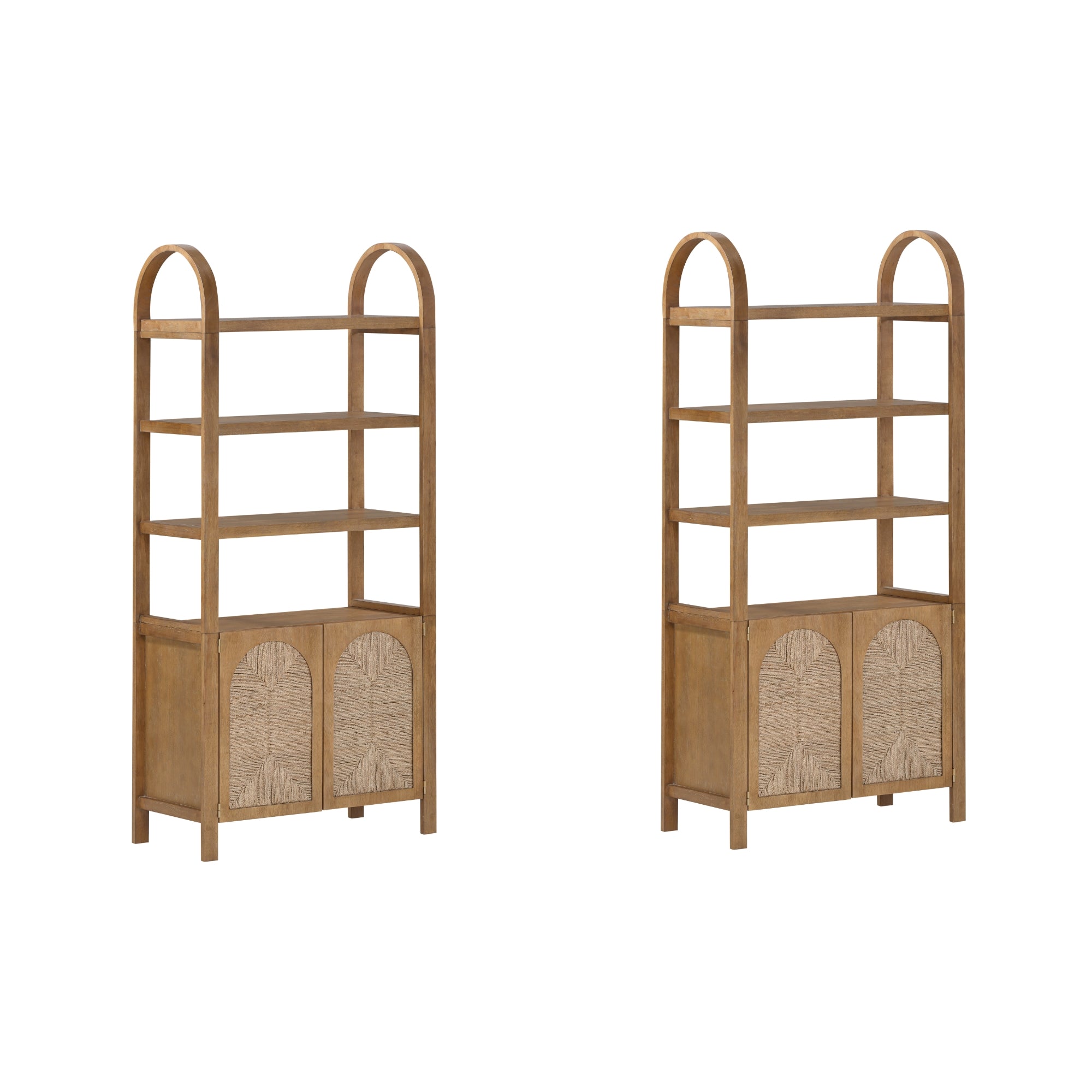 Two identical wooden bookshelves with three open shelves each and a cabinet at the bottom featuring double doors with carved decorative patterns. The shelves have rounded arch tops and a natural wood finish.