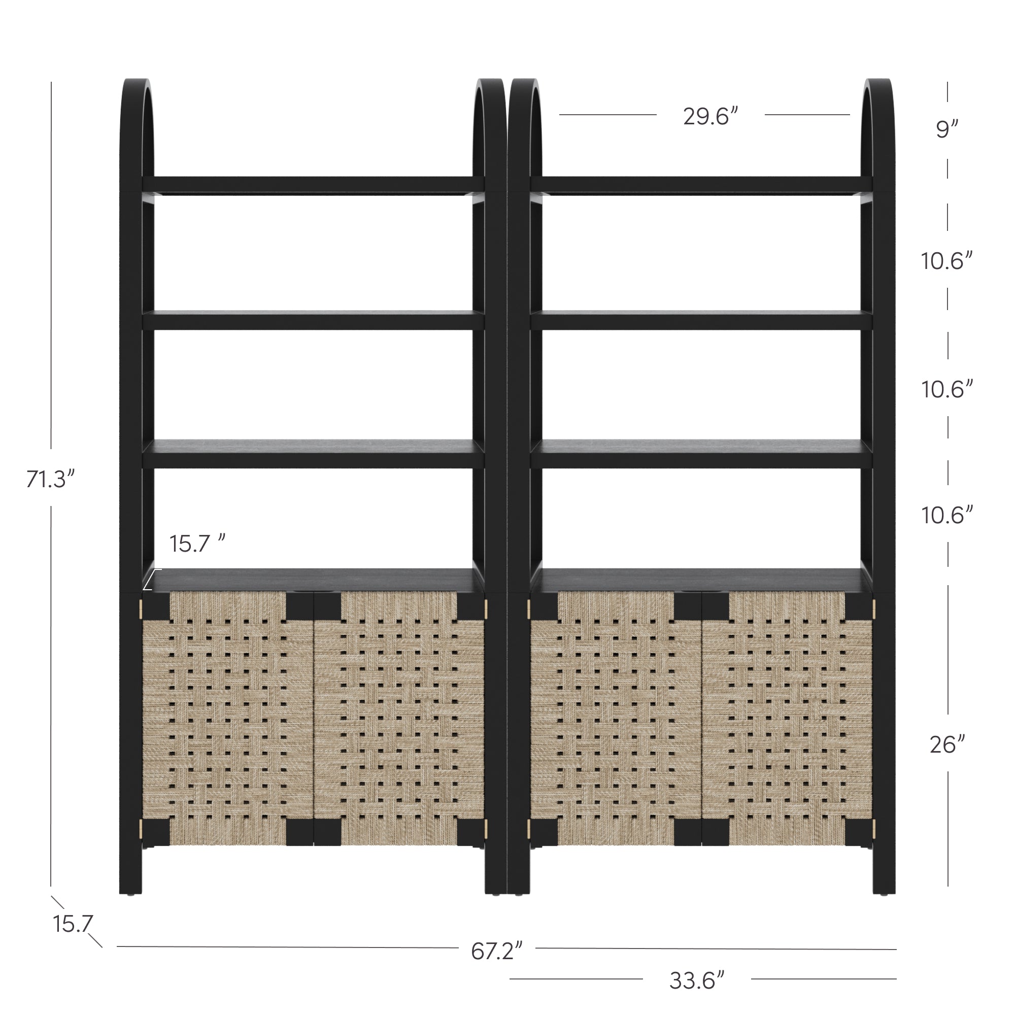 Black shelving unit with four shelves and woven storage baskets at the bottom. Dimensions are shown: 71.3 tall, 67.2 wide, 15.7 deep, with various shelf heights and widths labeled in inches.