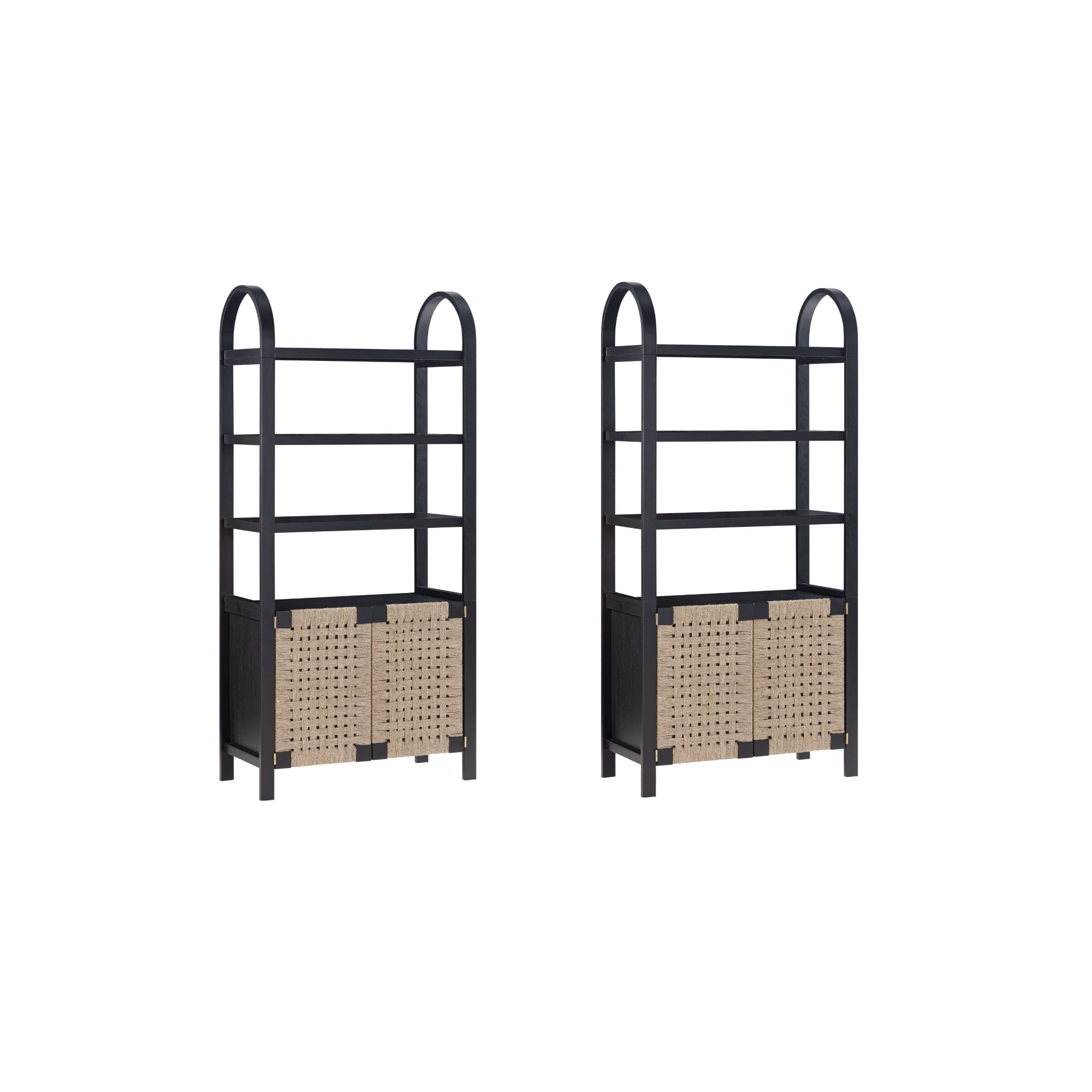 Two identical black metal shelving units with three open shelves each and a lower cabinet featuring woven rattan doors, set against a plain white background.