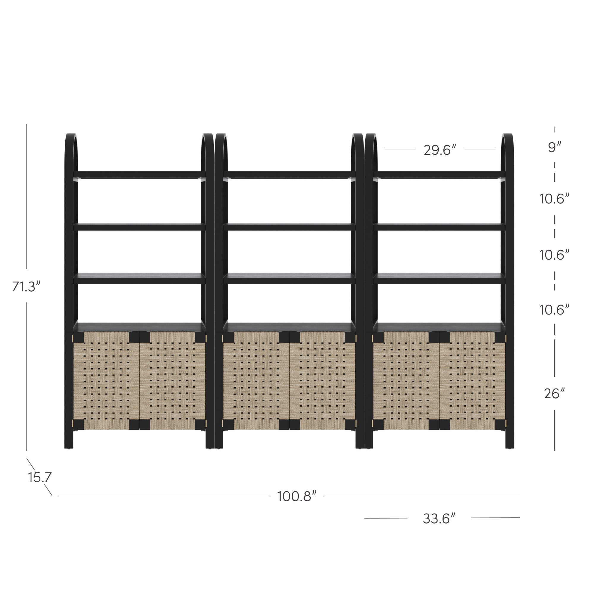 Black shelving unit with three sections, each with open shelves and woven baskets at the bottom. Dimensions: 71.3 high, 100.8 wide, 15.7 deep. Each section is 33.6 wide; baskets are 26 high.