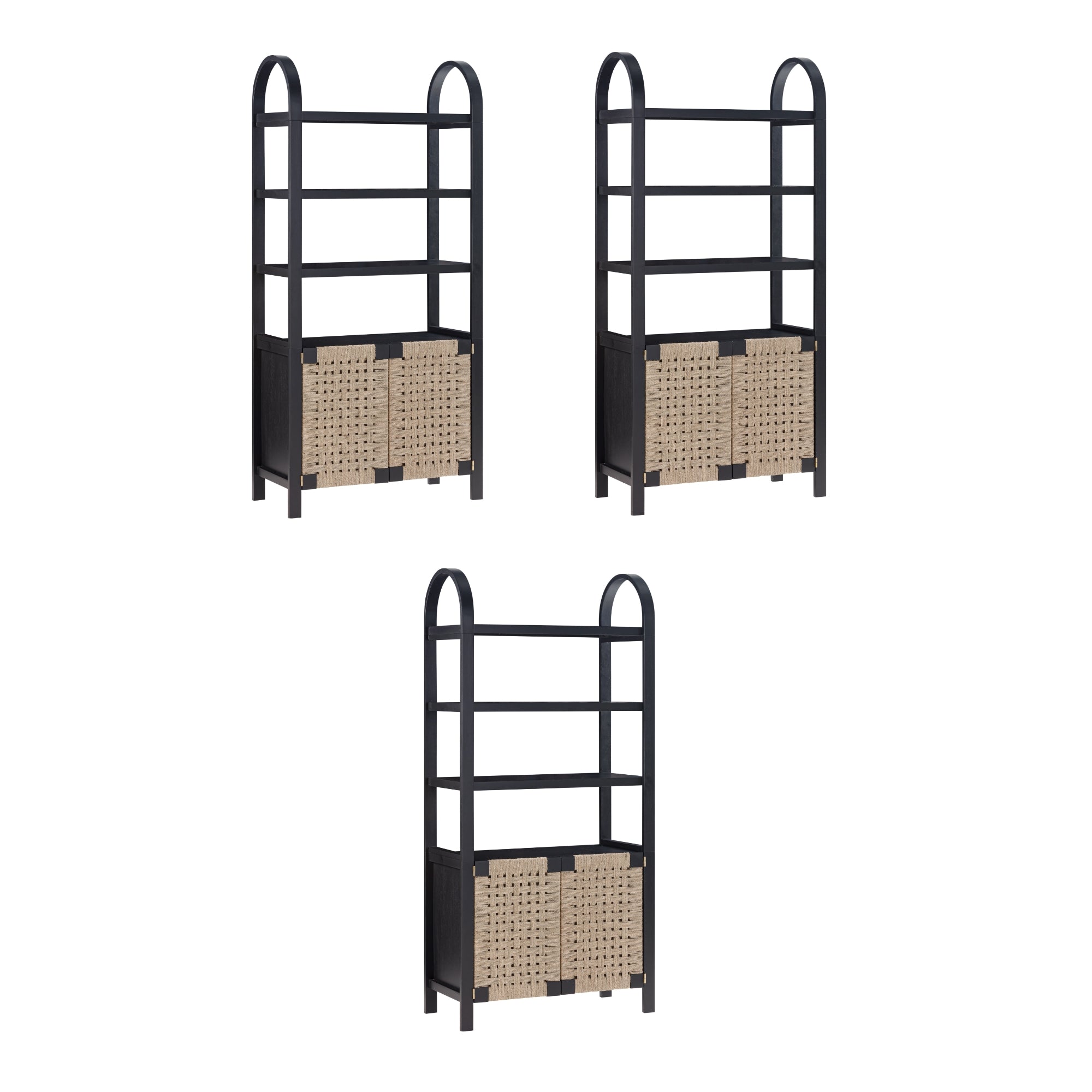 Three identical black shelving units with three open shelves and two woven rattan cabinet doors at the bottom, arranged in a triangular formation on a white background.
