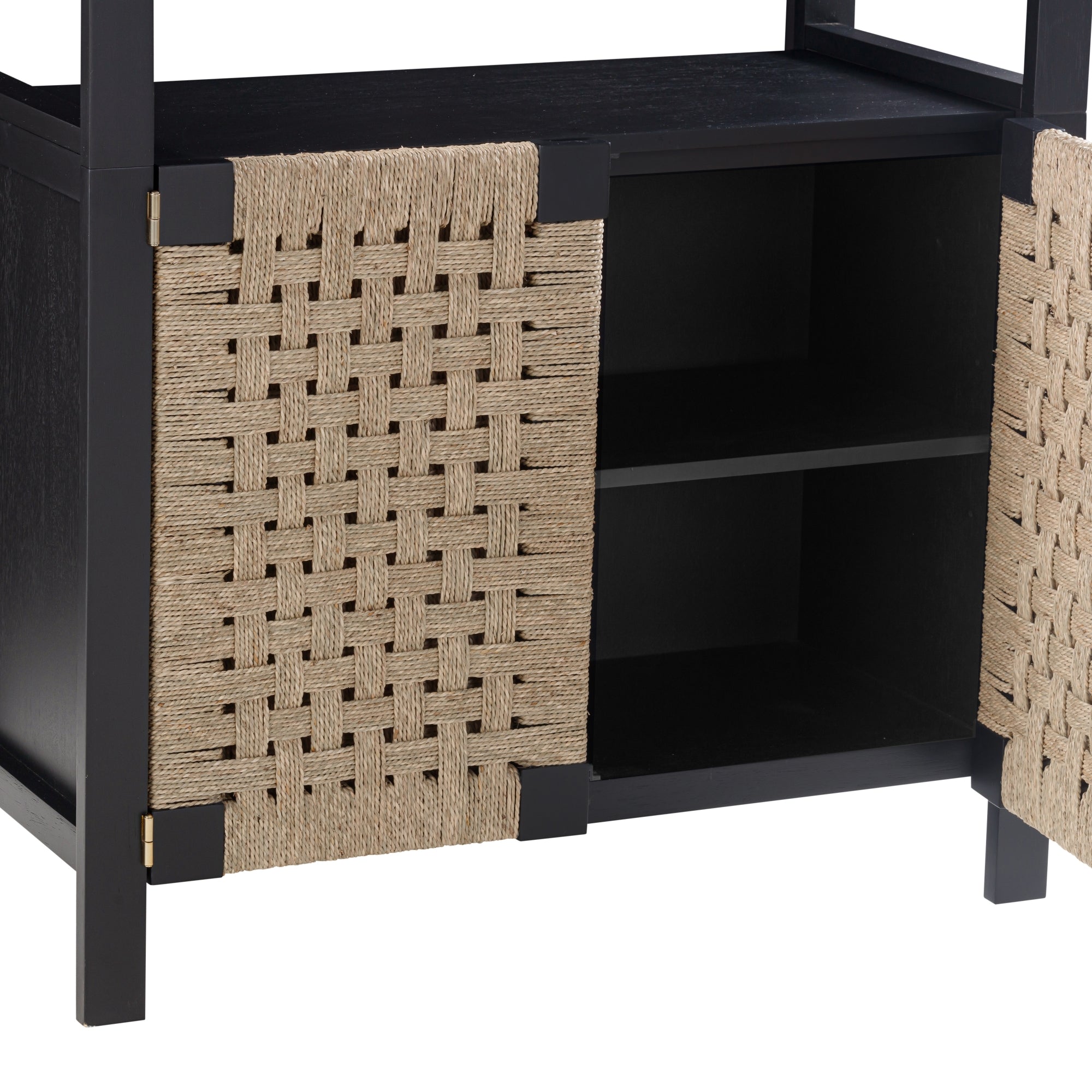 A close-up of a black shelving unit with open cabinet doors featuring woven natural fiber panels and two interior shelves.