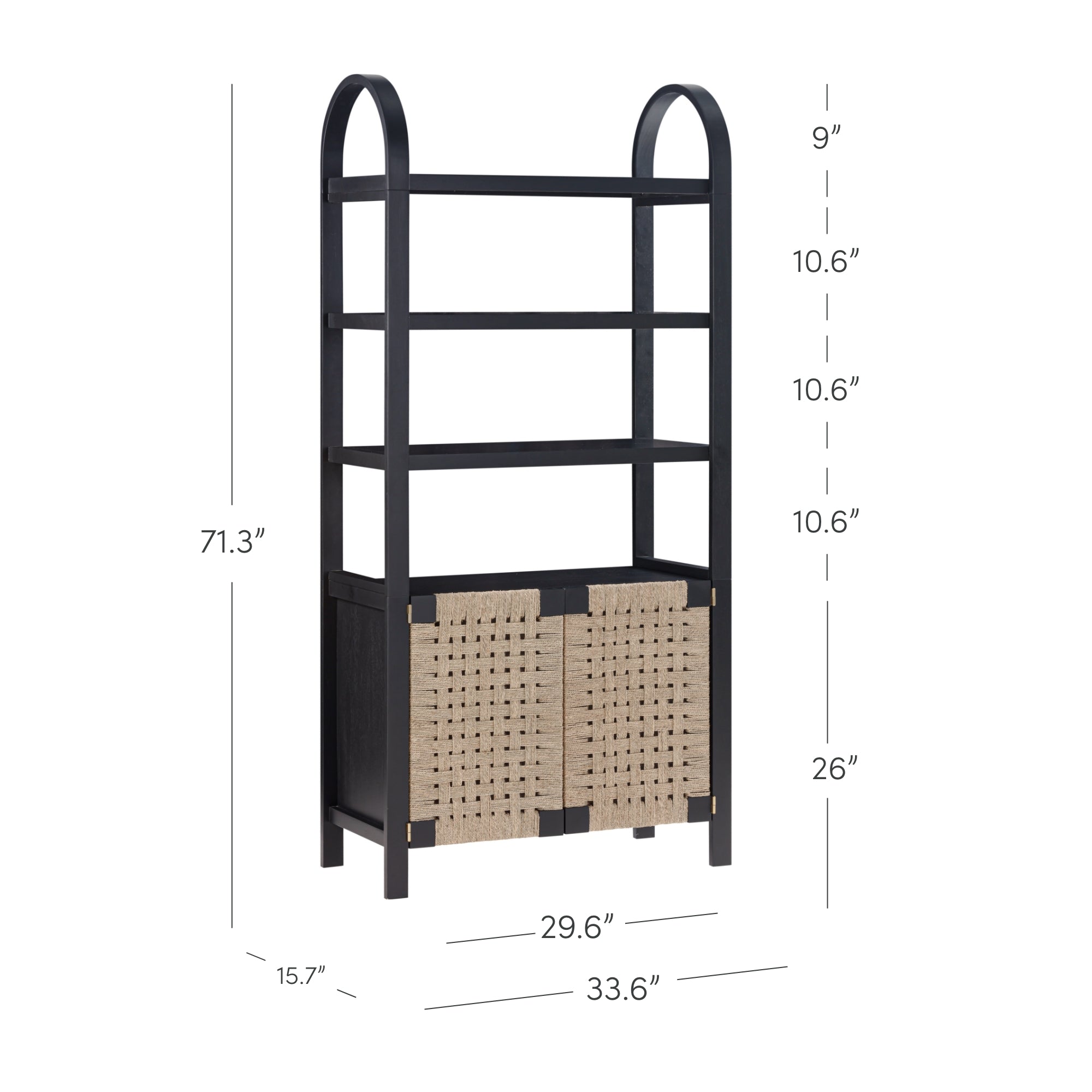 A black shelving unit with three open shelves and a lower cabinet featuring woven doors. Dimensions are labeled: 71.3 tall, 33.6 wide, 15.7 deep, with detailed measurements for each shelf and cabinet.