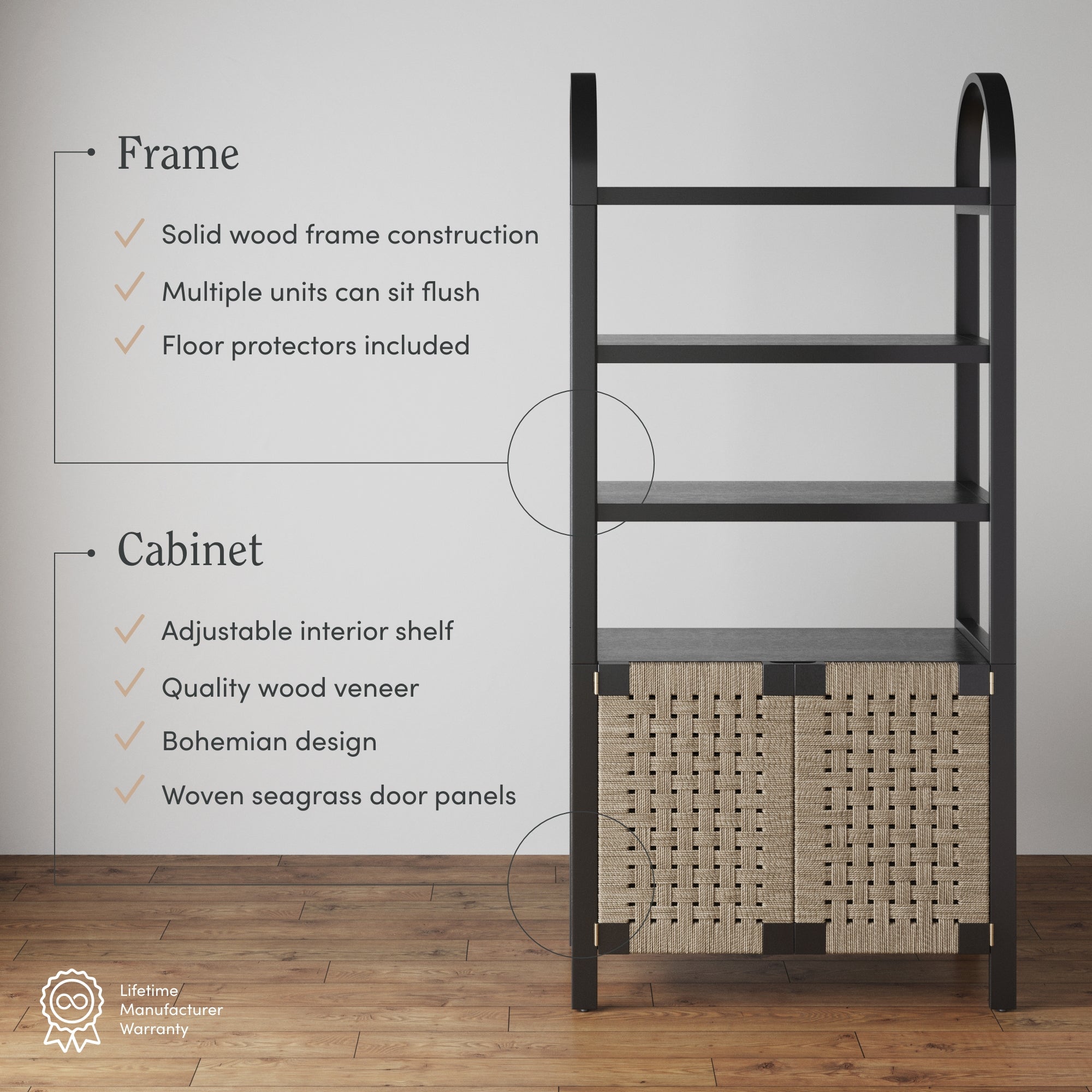 A black shelving unit with three open shelves on top and a cabinet with two woven seagrass door panels on the bottom, displayed on a wooden floor with labeled feature descriptions.