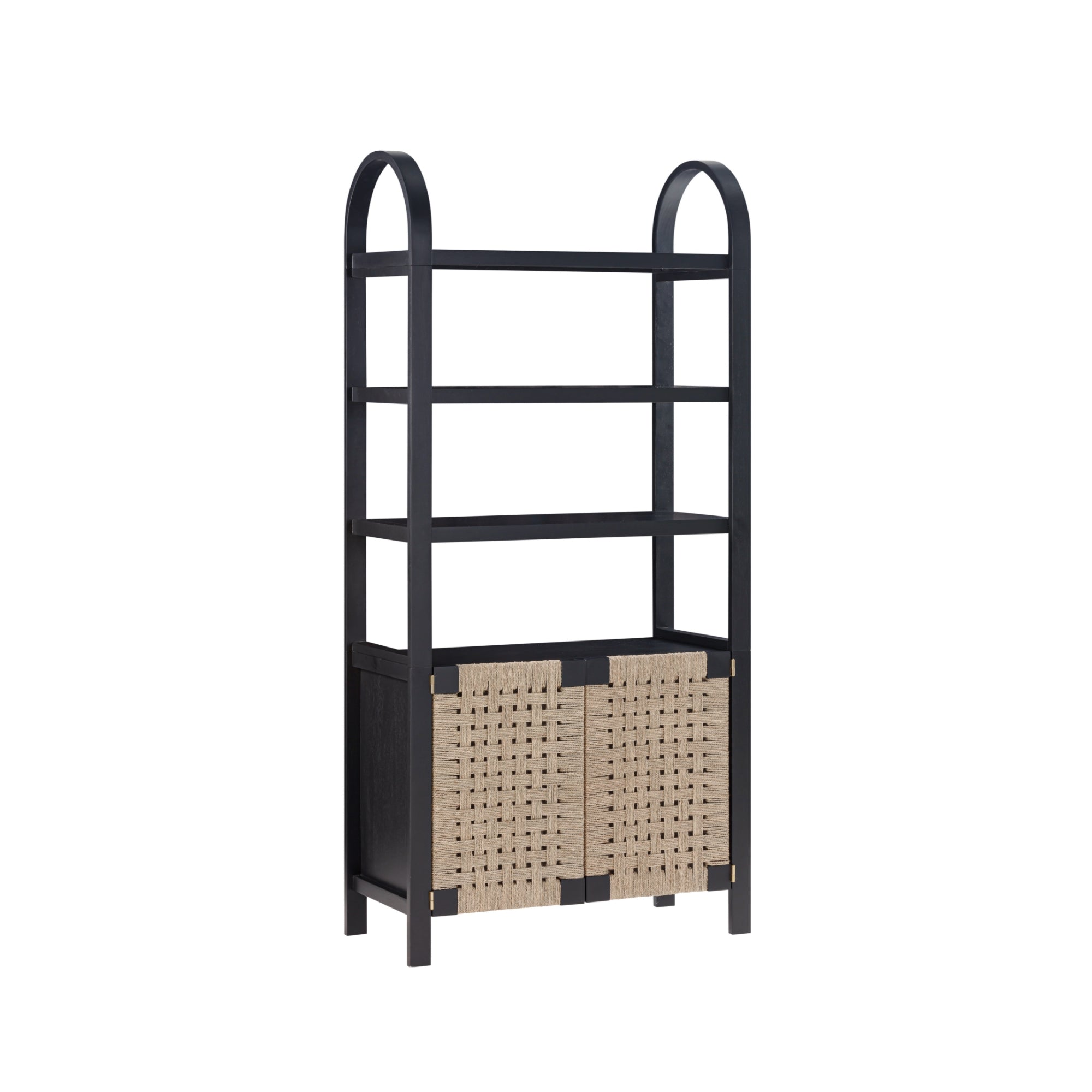A tall, black shelving unit with three open shelves and two lower cabinet doors featuring a light woven wicker pattern. The frame has rounded top corners and a minimalist, modern design.