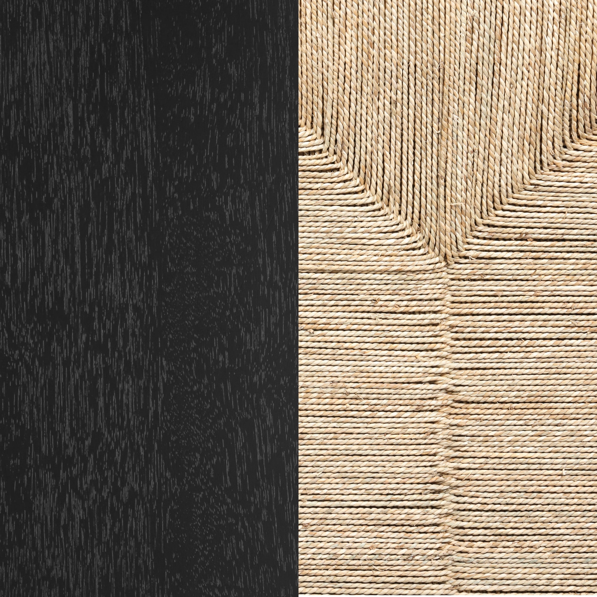 A close-up of two contrasting surfaces: smooth black wood on the left and textured, woven natural fiber arranged in a geometric pattern on the right.
