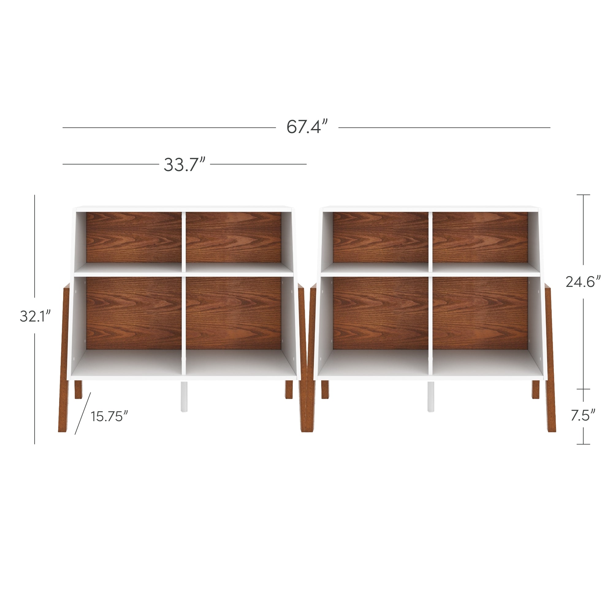 Two modern wooden cabinets with white frames and brown shelves, side by side. Dimensions are labeled: 67.4 wide, 32.1 tall, 24.6 tall, 33.7 shelf width, 15.75 deep, and 7.5 leg height.