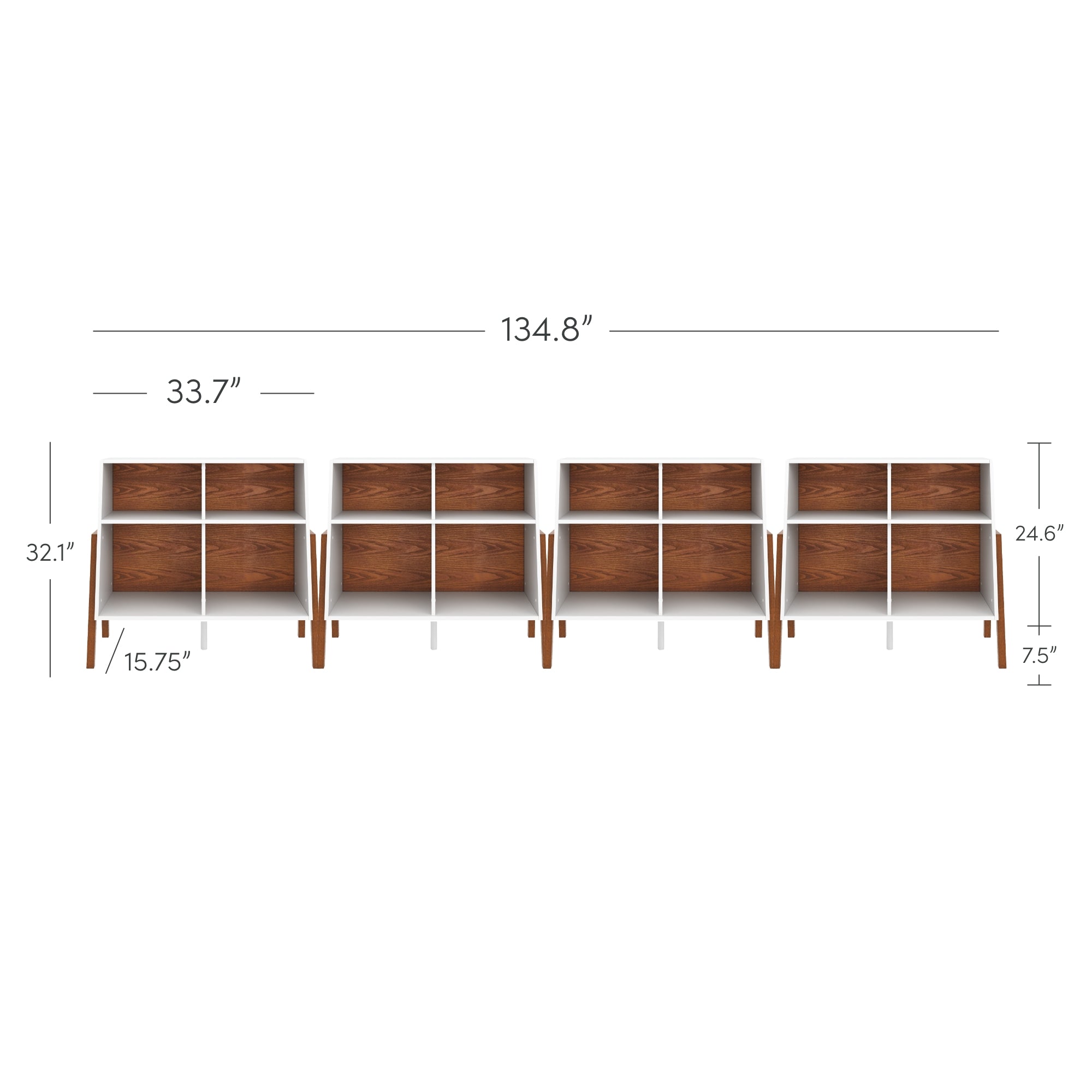 Diagram of four wooden shelving units with white dividers, each 33.7 inches wide, forming a total width of 134.8 inches. Measurements for height (32.1), depth (15.75), shelf height (24.6), and leg height (7.5) are labeled.