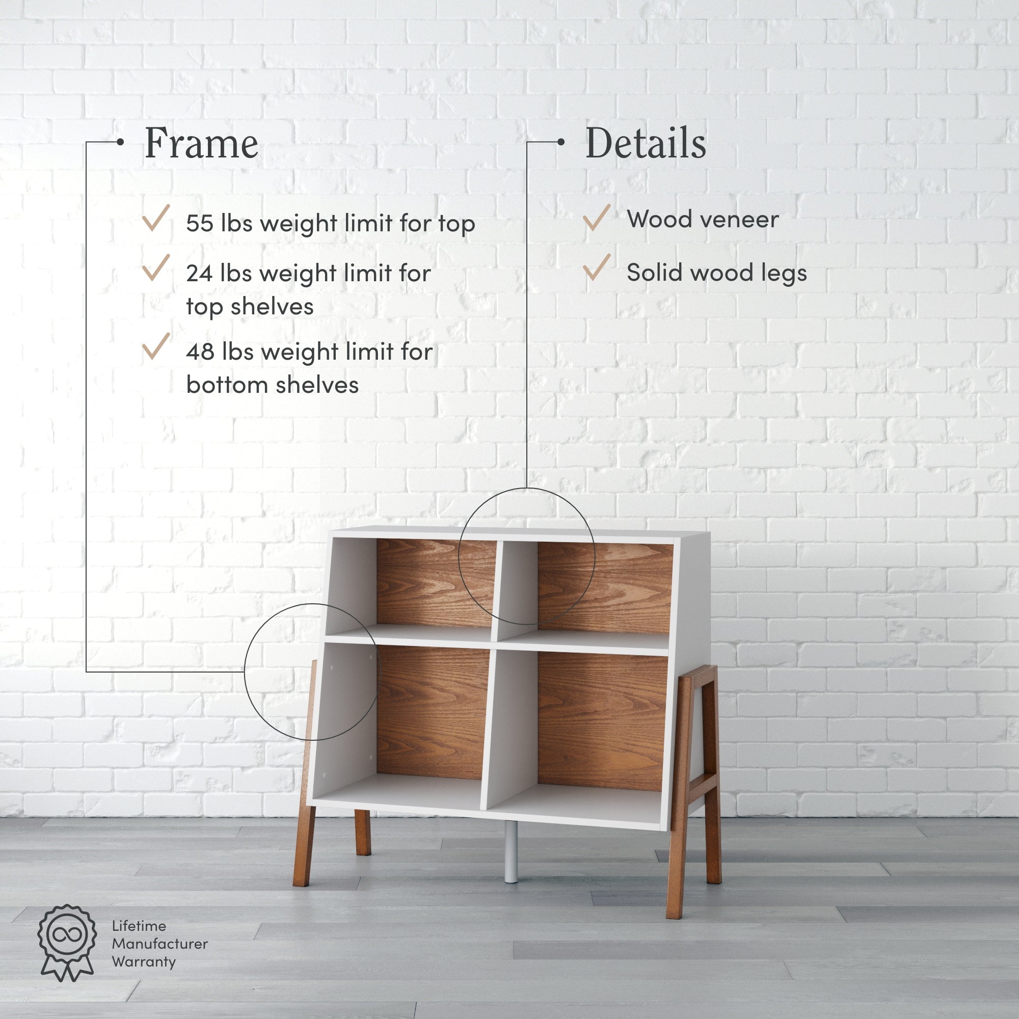 A modern white bookshelf with wood veneer accents and solid wood legs is set against a white brick wall. Text highlights weight limits for shelves and product details. A warranty icon appears in the lower left corner.