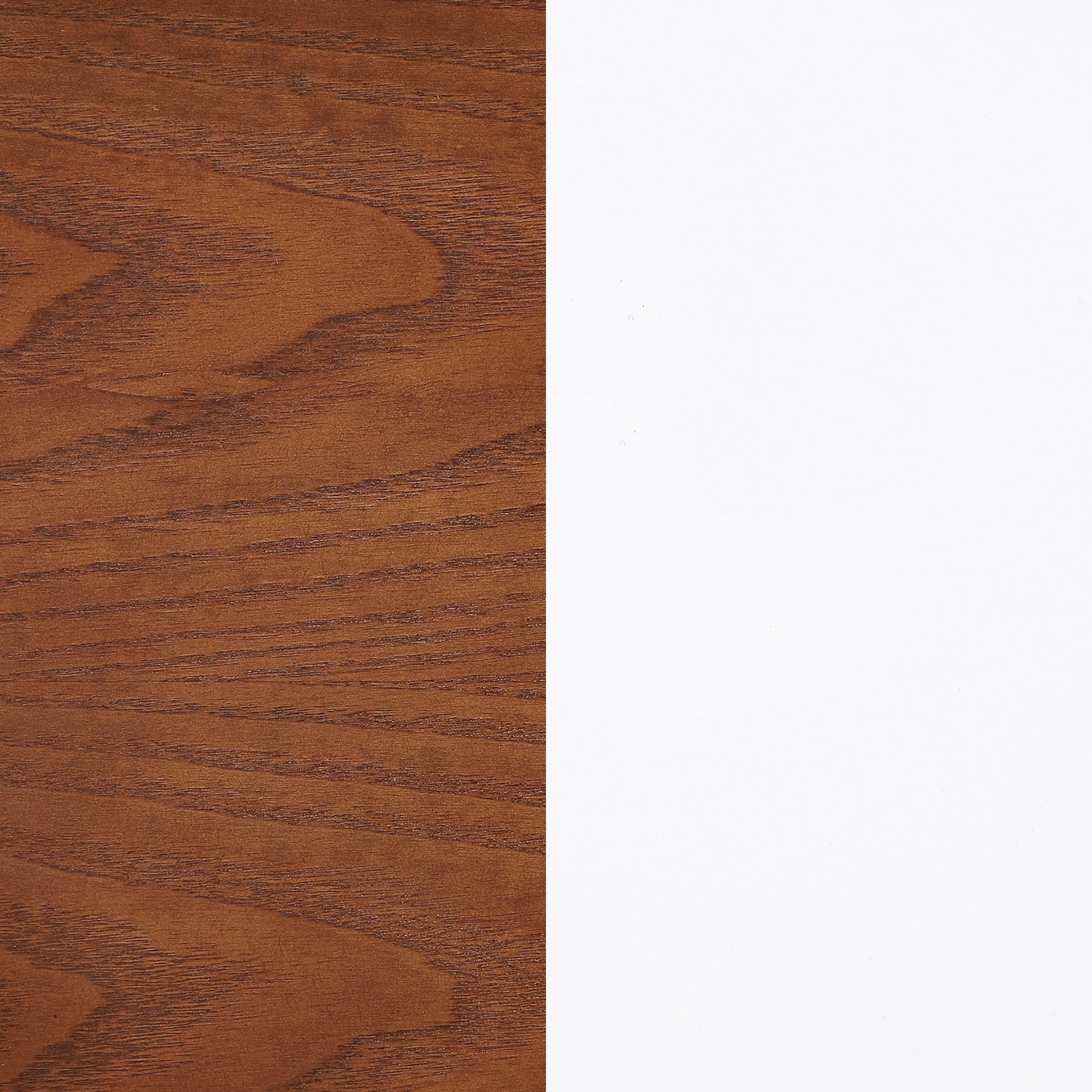 A vertical split image with natural brown wood grain texture on the left side and a solid white surface on the right side.