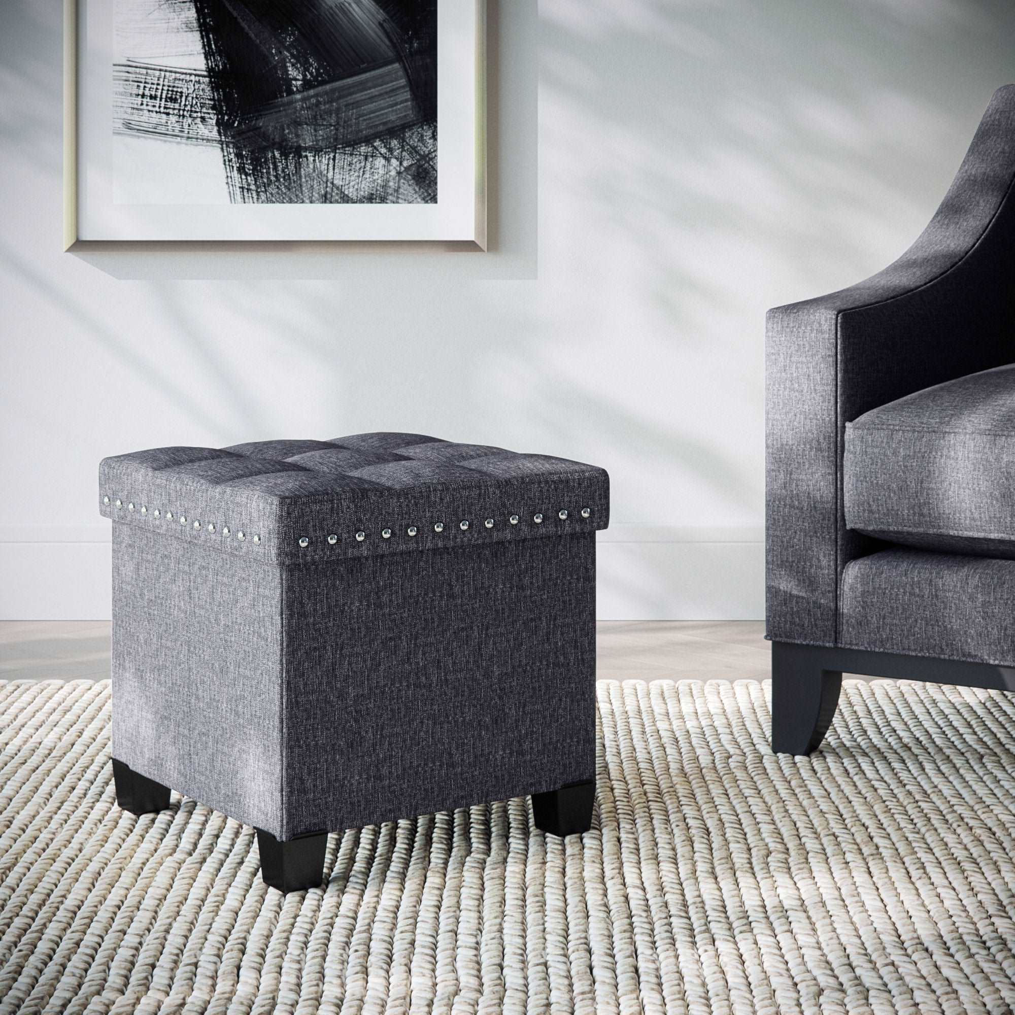 Storage Cube Ottoman Tufted Upholstered Medium Oak-Feather Charcoal-Silver