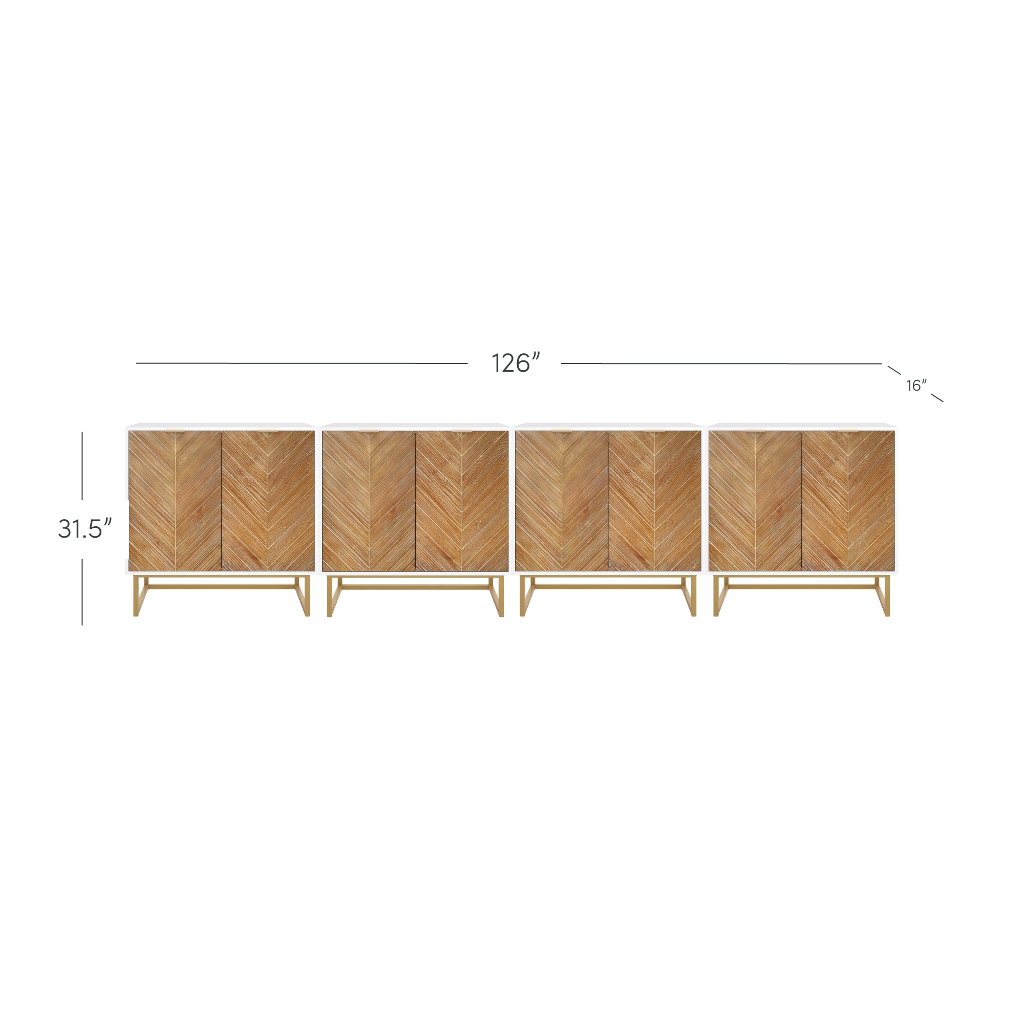Four wooden cabinets with chevron-patterned doors are placed side by side. The total width is 126 inches, the height is 31.5 inches, and the depth is 16 inches. The background is white.