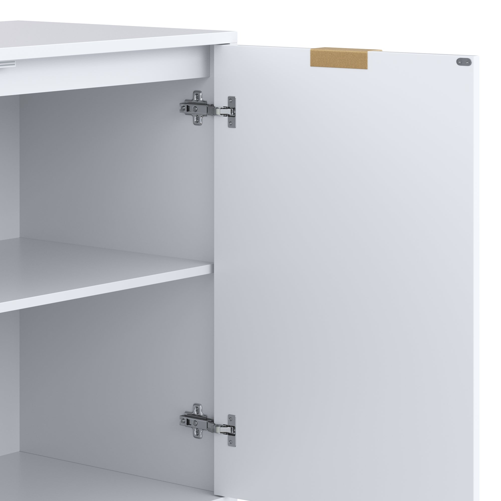 A white cabinet with its door open, showing two shelves inside. The door is attached with two metal hinges and has a small tan rectangular label on the top edge.