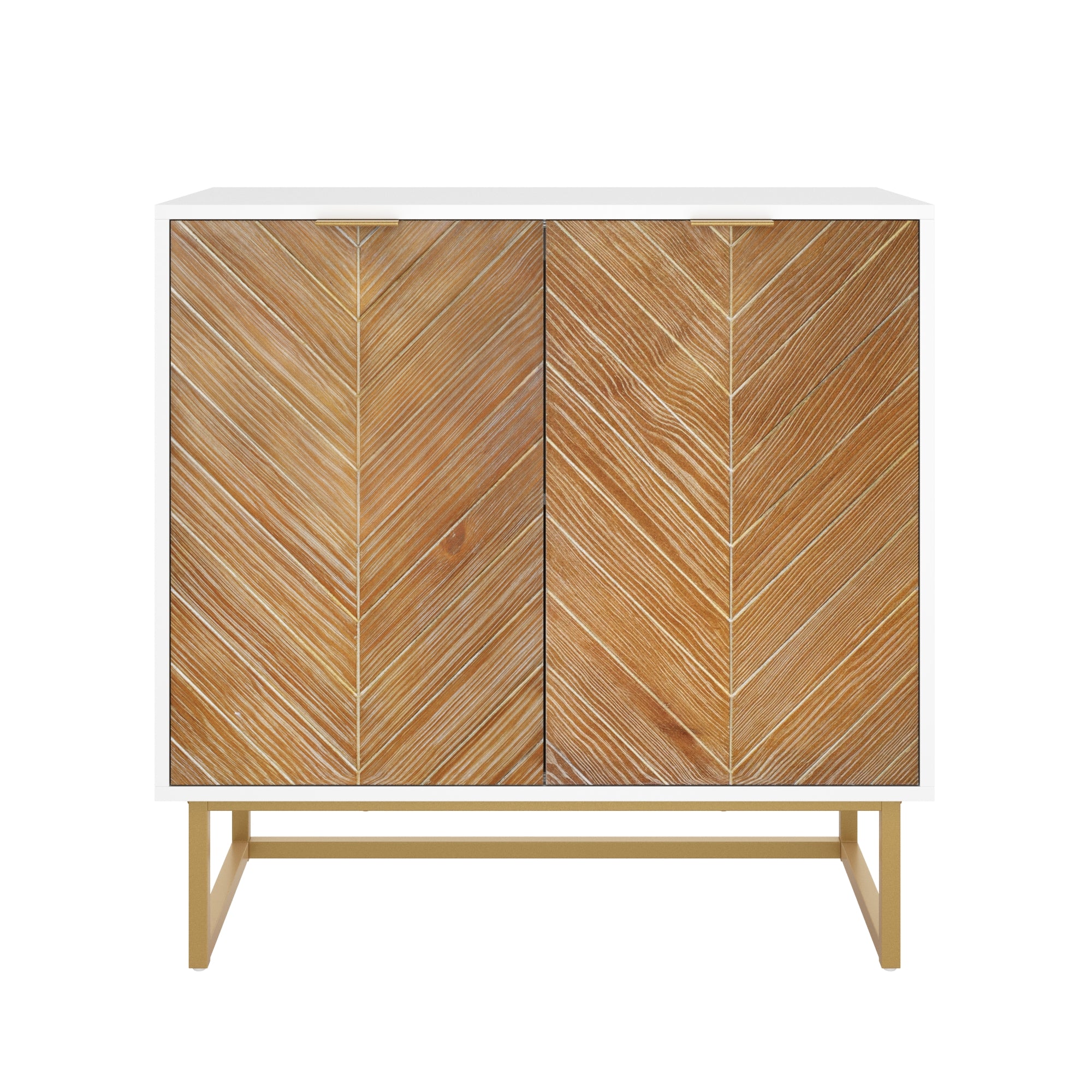 A modern cabinet with a white frame, two wooden doors featuring a chevron pattern, and gold metal legs. The cabinet has a sleek, minimalist design.