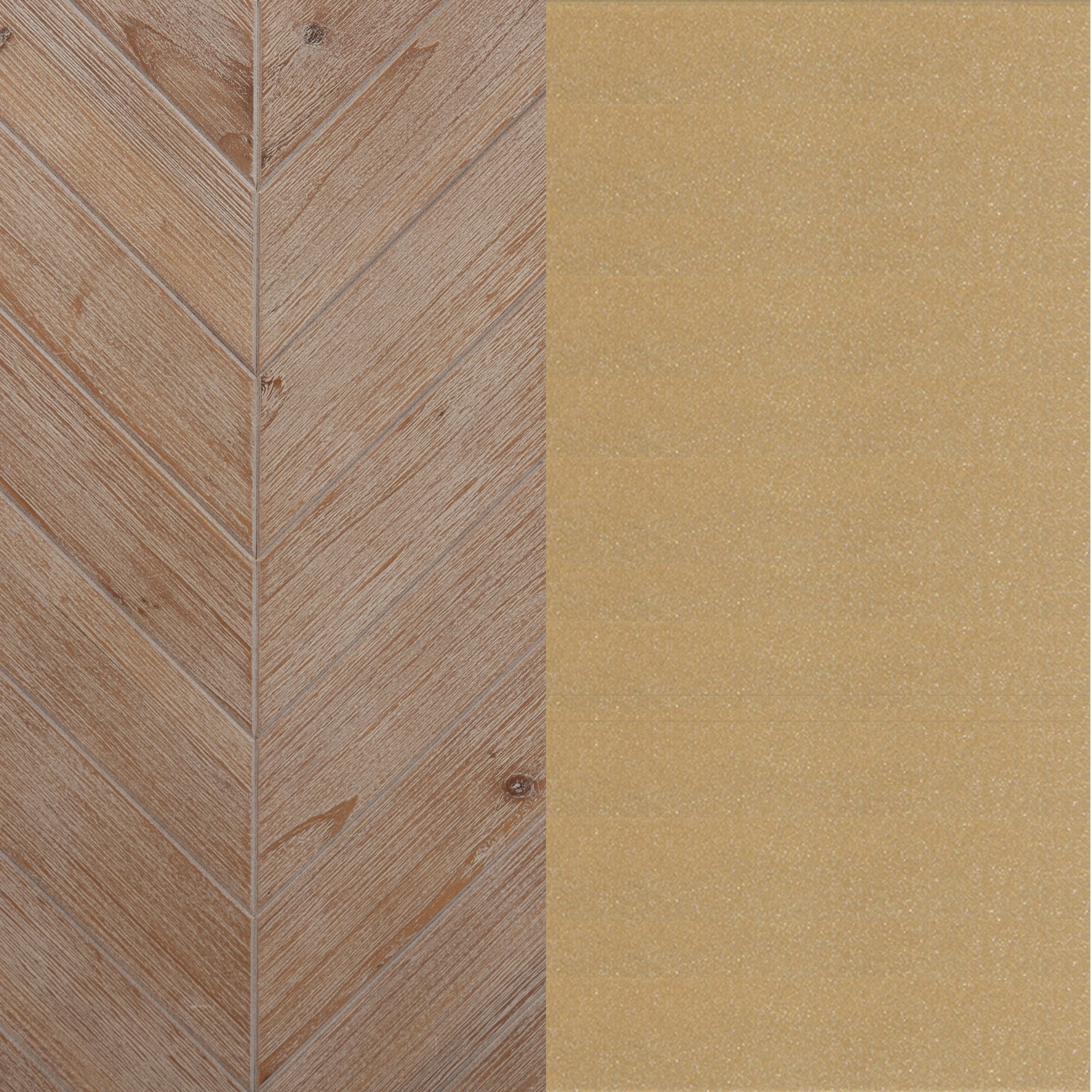 A surface divided vertically: the left side has a brown, wood-textured chevron pattern; the right side is a smooth, light tan color with a subtle speckled texture.
