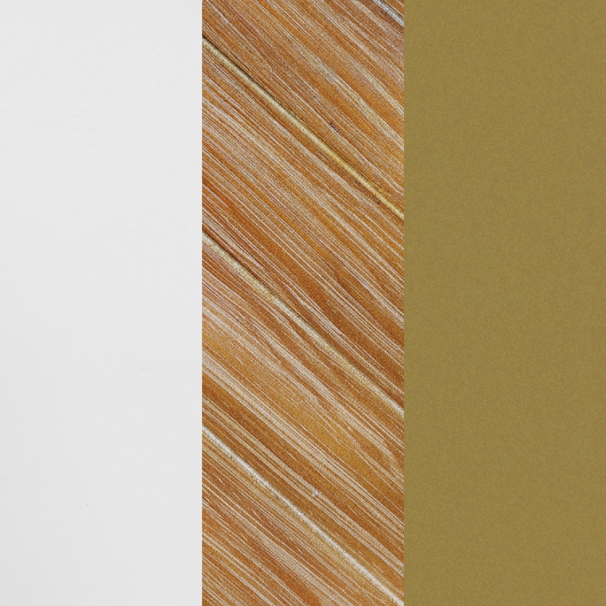 Three vertical panels: the left is plain white, the center features a brown and beige wood grain pattern, and the right is a solid olive-green color.