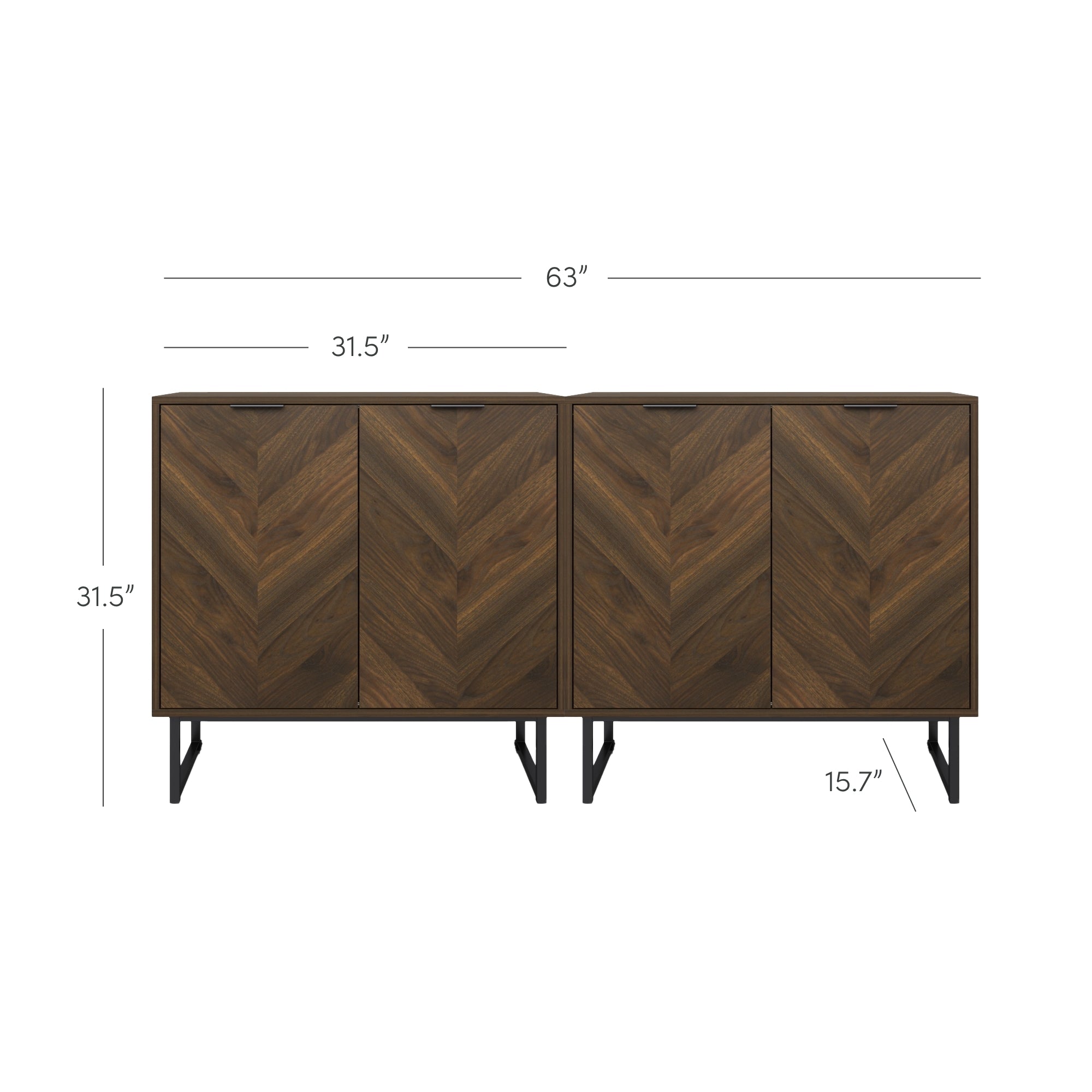 Dark wood cabinet with a chevron pattern, four doors, and black angled legs. The cabinet measures 63” wide, 31.5” high, and 15.7” deep. Width of each section is 31.5”. Dimensions are labeled on the image.