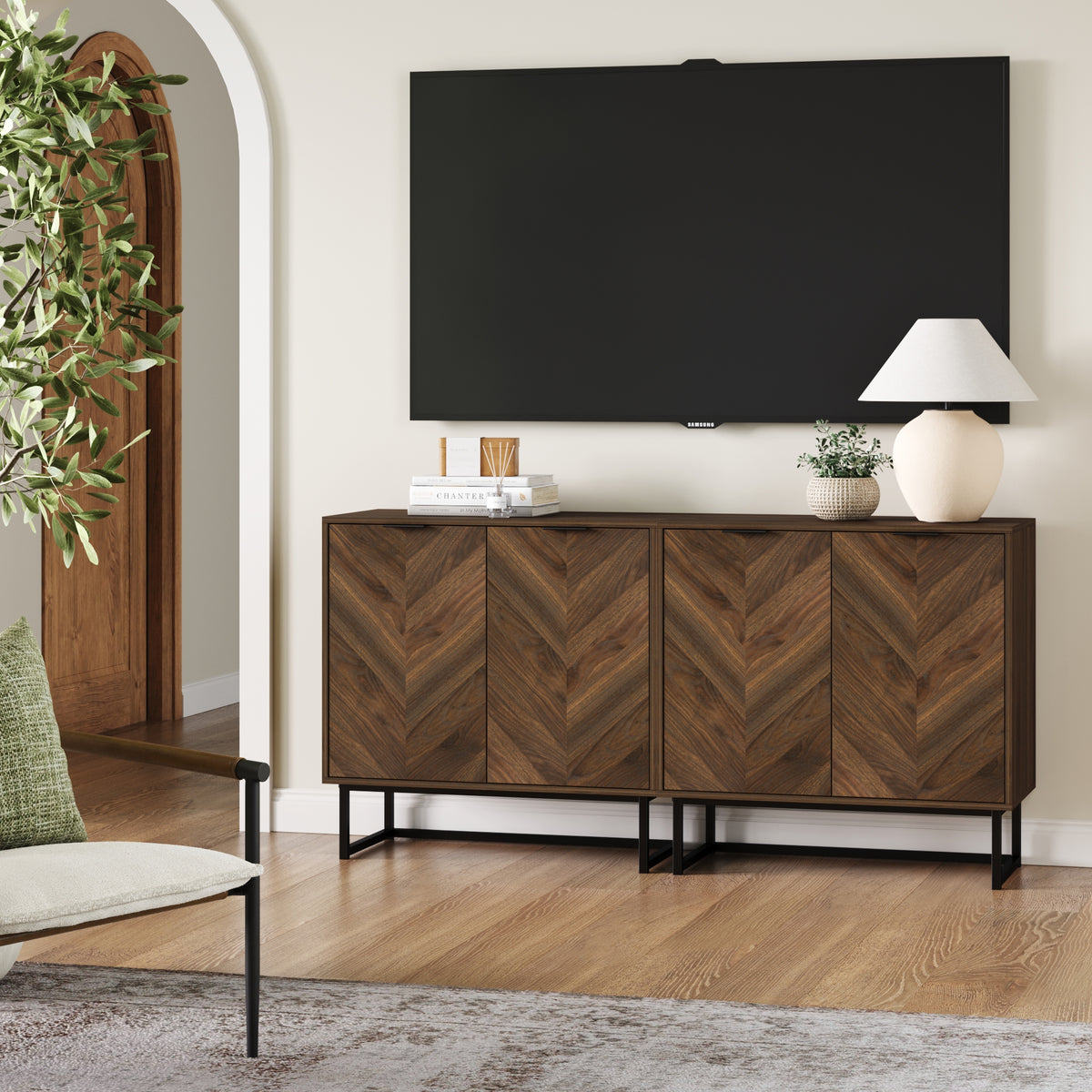 Enloe TV Console Wood Herringbone Walnut for 65
