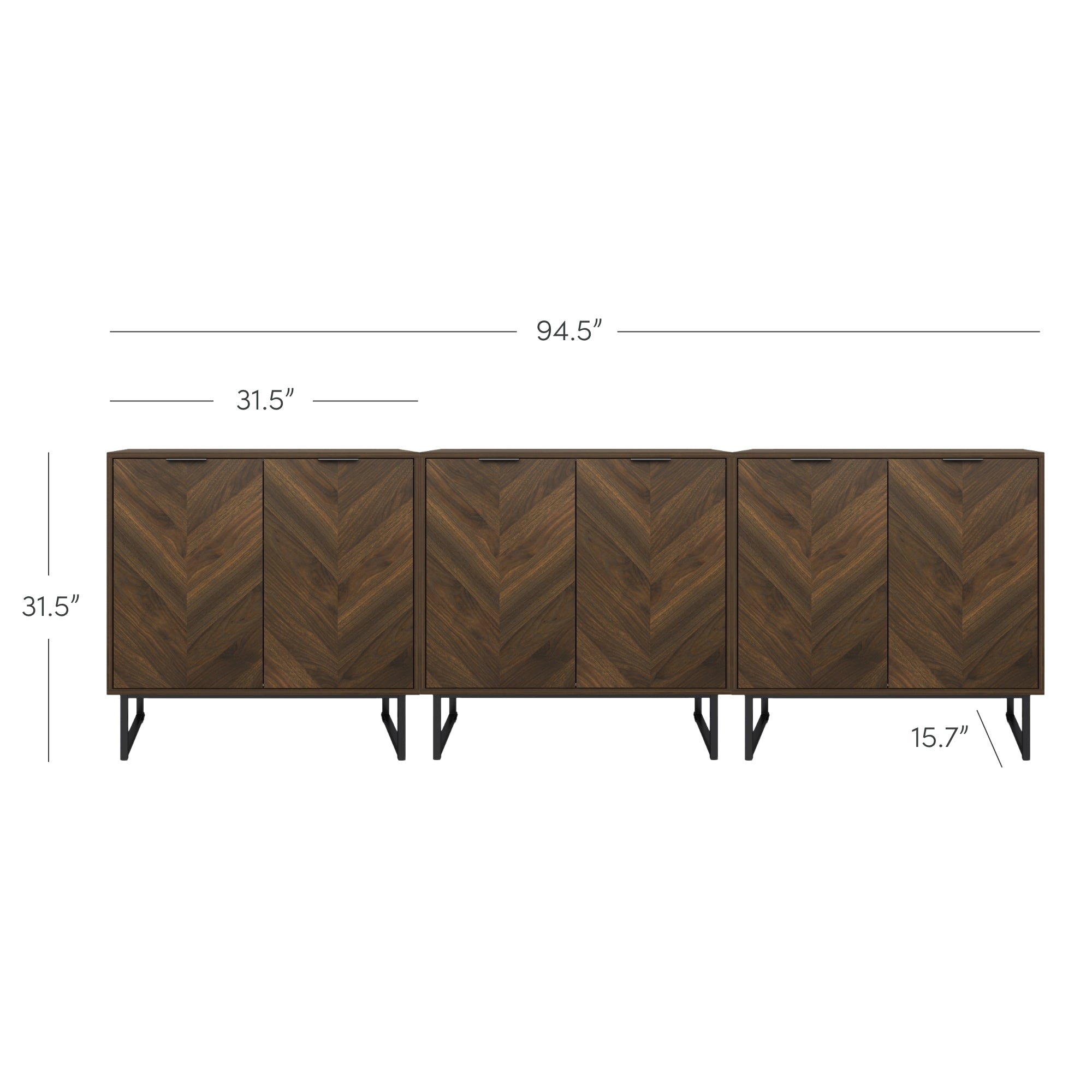 A long, modern wooden sideboard with four sections, each featuring a herringbone pattern and black metal legs. Dimensions are shown: 94.5 wide, 31.5 high, each section 31.5 or 15.7 wide.