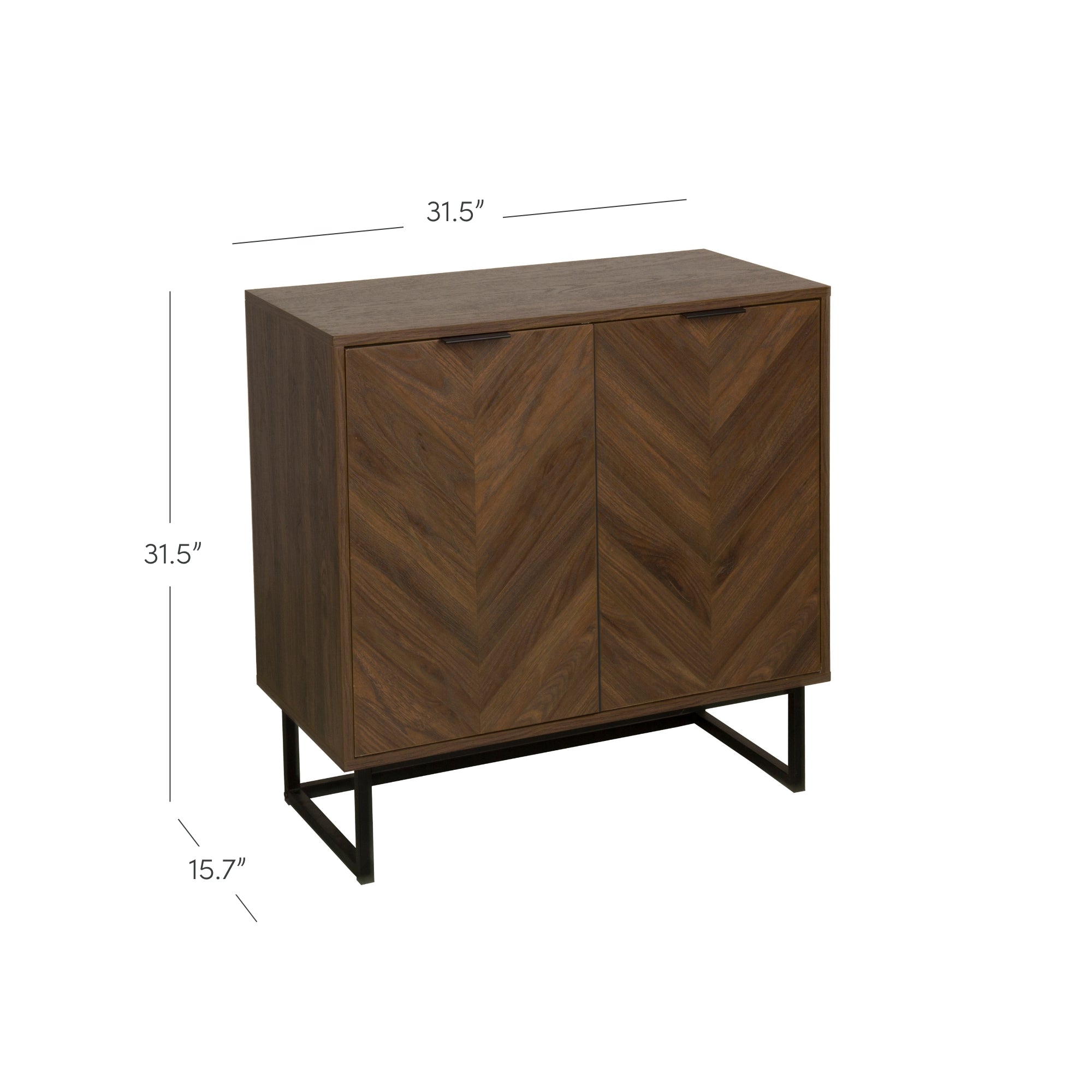 A wooden cabinet with a chevron pattern on the front, featuring two doors and black metal legs. Dimensions are 31.5 inches high, 31.5 inches wide, and 15.7 inches deep.