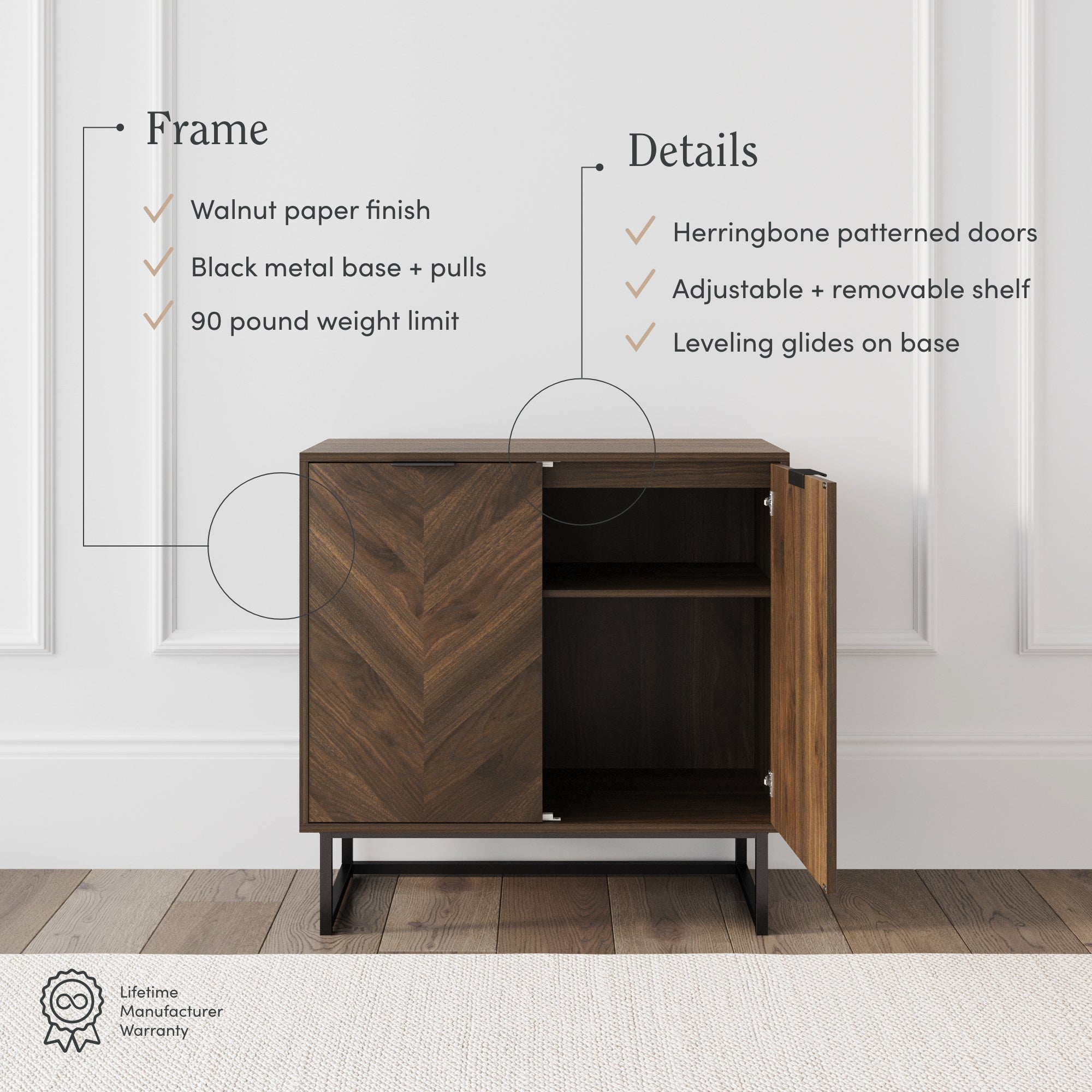 A wooden cabinet with herringbone-patterned doors stands against a white paneled wall. Text highlights its walnut paper finish, black metal base and pulls, 90-pound weight limit, adjustable shelf, and leveling glides.