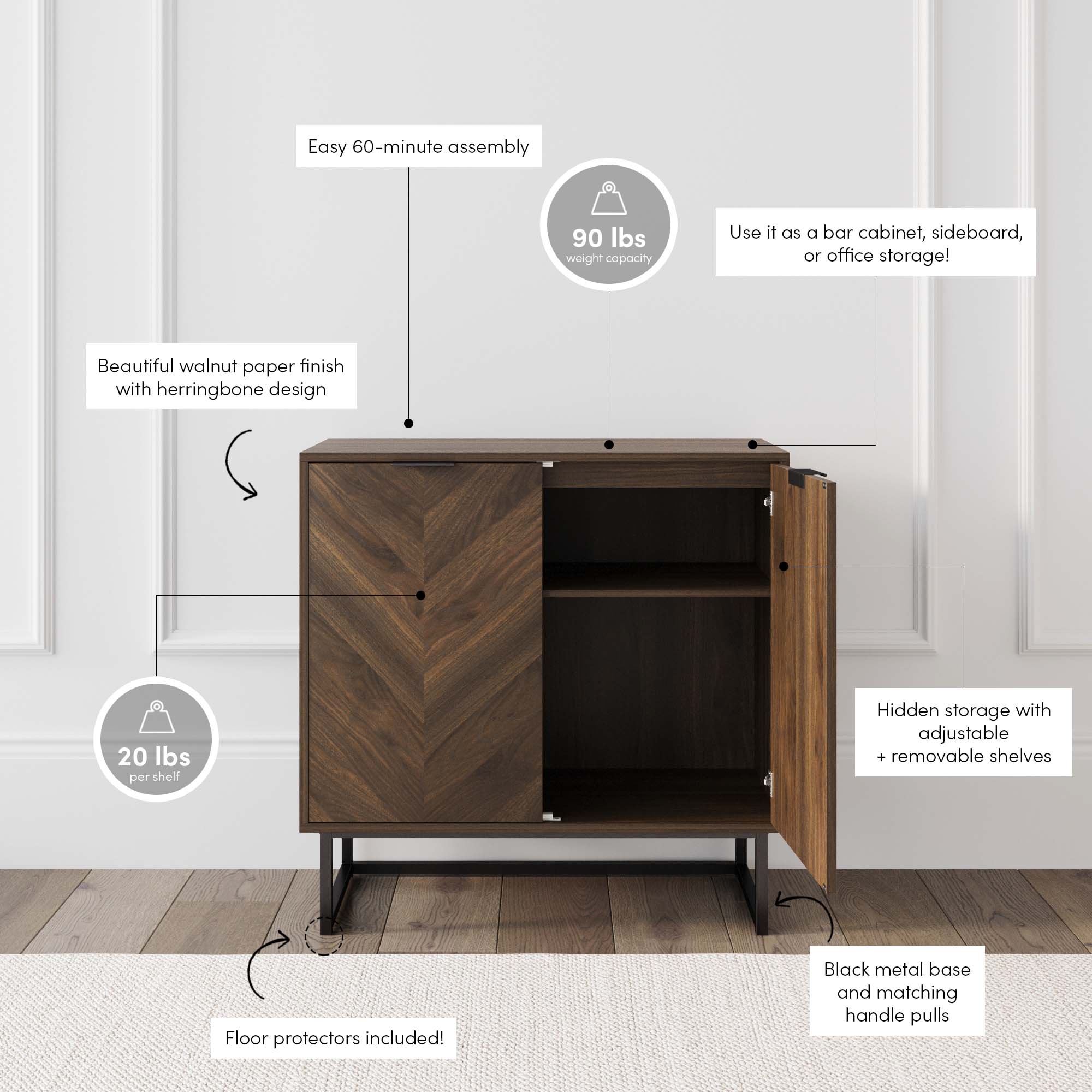 A walnut cabinet with herringbone pattern doors, black metal base, and handle pulls. Labeled features highlight 90 lbs weight capacity, adjustable shelves, easy assembly, and floor protectors.