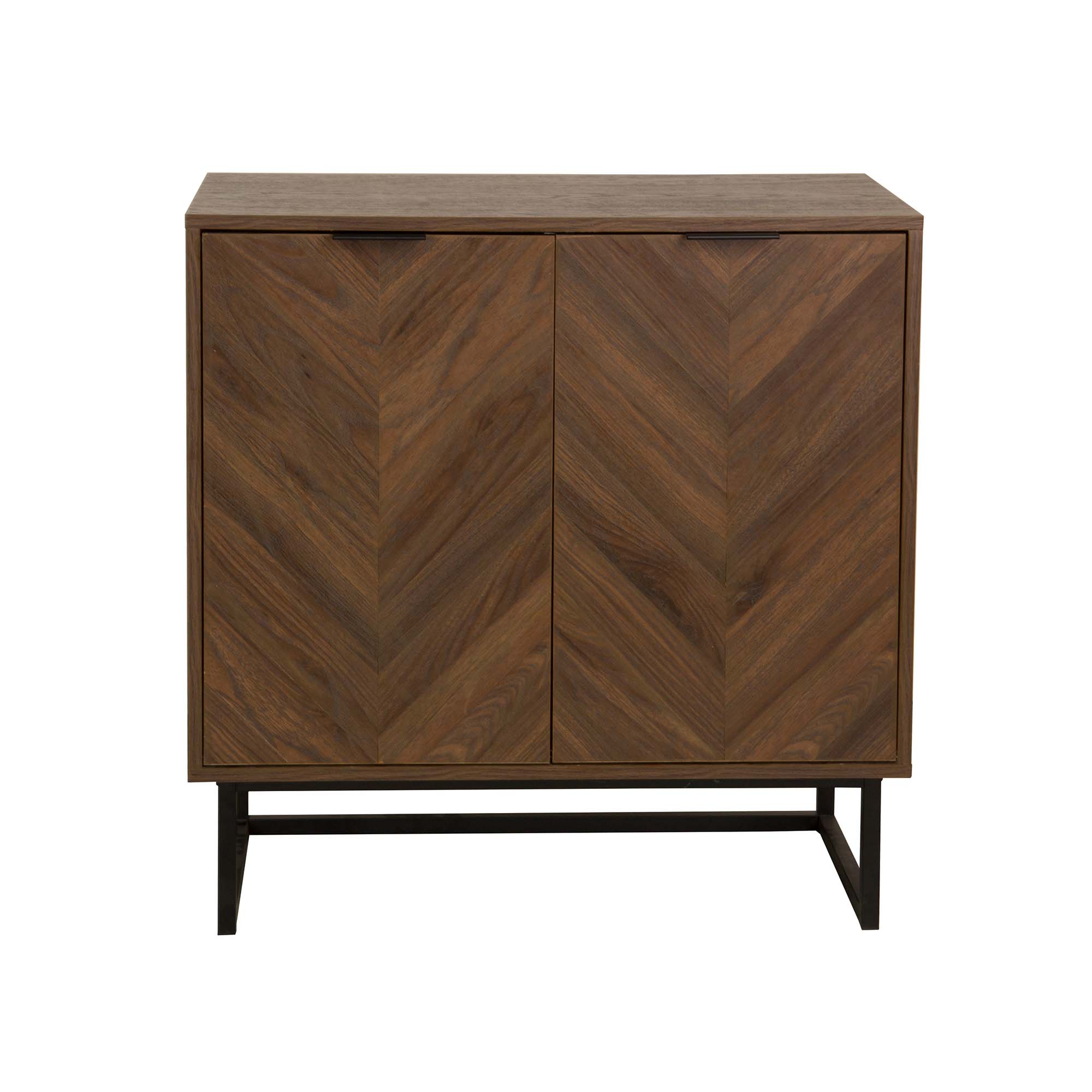 A wooden cabinet with two doors featuring a chevron pattern, standing on a black metal frame with open space beneath.